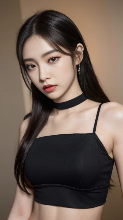 (Best Quality, 8K, 32K, Masterpiece, Ultra HD: 1.2), (K-Pop Idol: 1.3), 1 Girl, (Large: 1.2), (Longhair), Abs, Perfect Figure, Ultra Slender Face, Delicate Lips, Beautiful Eyes Double eyelids ((black crop top)) (pony) 