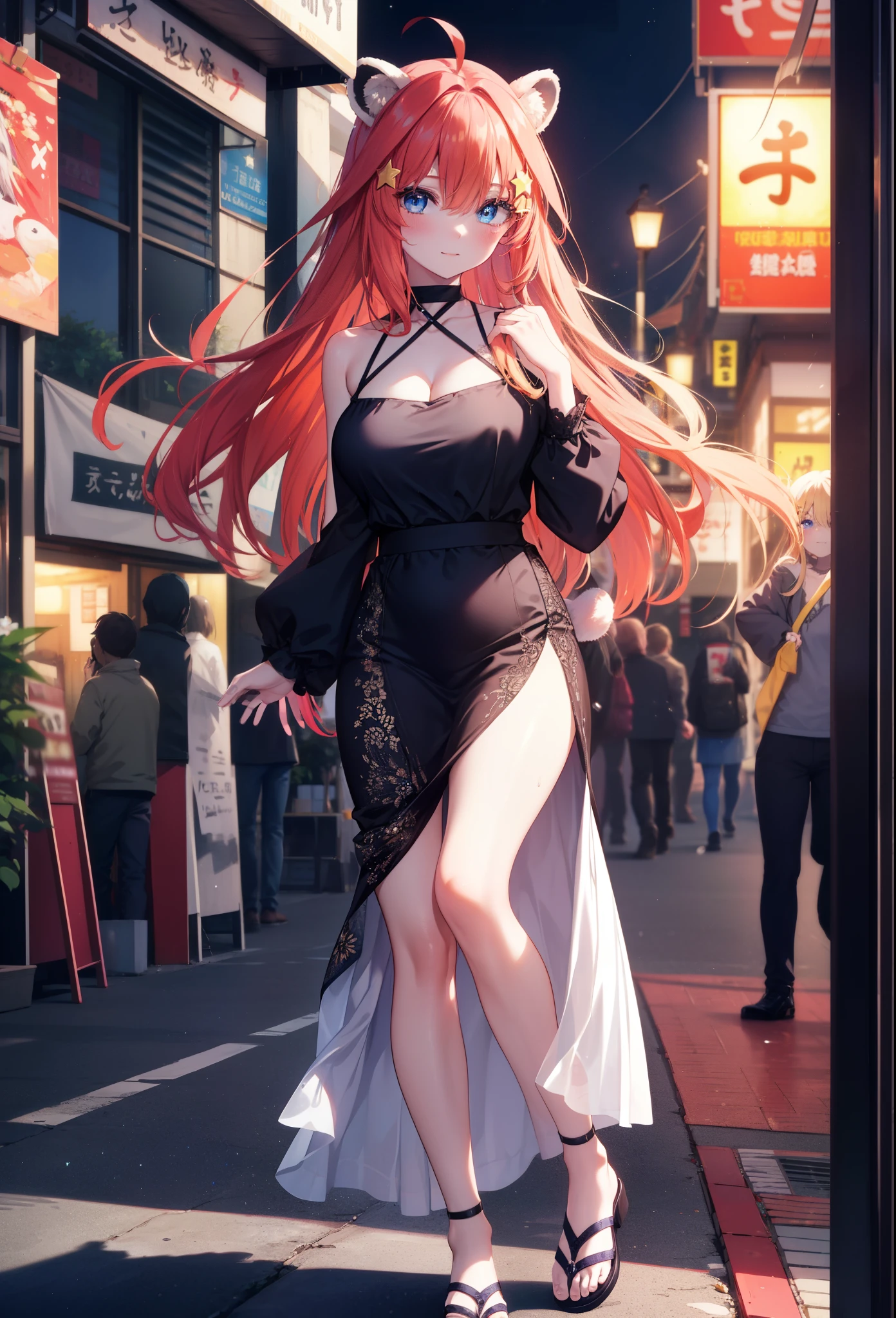 Satsuki Nakano, Itsuki Nakano, bangs, blue eyes, hair between eyes, Ahoge, redhead, star \(symbol\), hair ornaments, smile,blush,star hair ornaments,animal ears　 raccoon ears,animal tail 　Tanuki tail,bare shoulders,red official shoulder dress,long skirt,very sandals,turn around,city,Walking outdoors, city
壊す (masterpiece:1.2), highest quality, High resolution, unity 8k wallpaper, (shape:0.8), (beautiful and detailed eyes:1.6), highly detailed face, perfect lighting, Very detailed CG, (perfect hands, perfect anatomy),