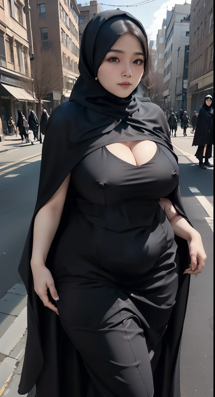 woman in black dress and hijab walking down the street, wearing black clothes and cape, hijab outfit, with a long black cape, hijab fashion model, plus size, plus size woman, wearing black robe, woman in black robes, beautiful burqa's woman, thicc, black outfit,, wearing a black robe, black, with cape, bbwchan, large cleavage, very large cleavage, massive cleavage , wearing a sneakers, 31 years old woman 