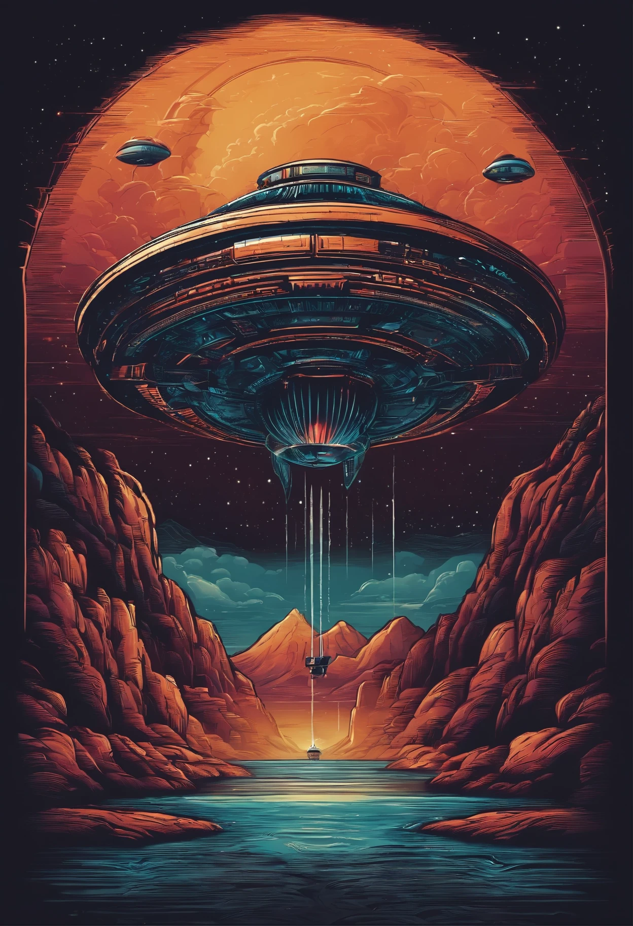 logo,  integrado  Himmer dirigindo nas montanhas, vector graphic of ,alien ship, grande detalhe em uma camiseta