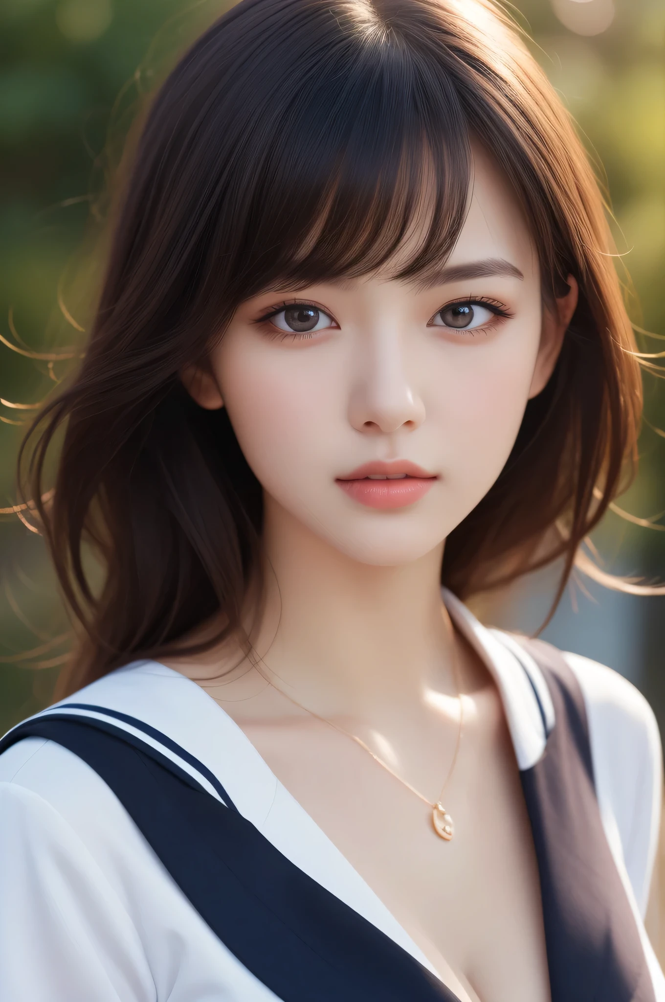 1 girl, (highest quality:1.4), (super detailed), (Highly detailed beautiful face), wonderful face and eyes, black eye, black hair, (sailor suit), (cleavage), Smooth, Highly detailed CG integrated 8k wallpaper, High resolution raw color photos, professional photos, light, Backlight, dream-like, impressive, Depth of bounds written