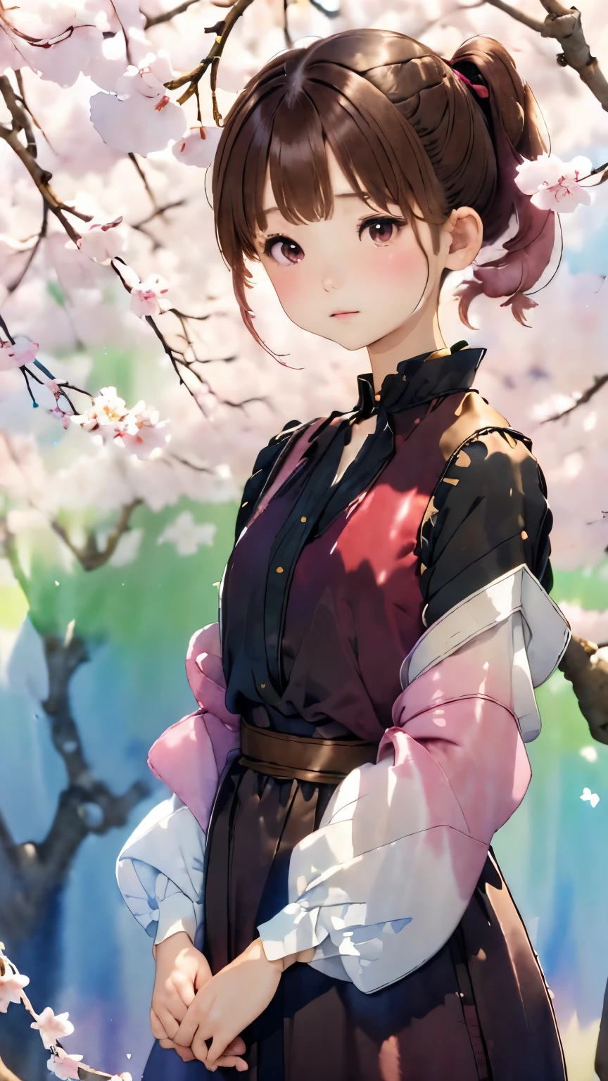 (((Bright colored watercolor style background:1.2)))、one girl、16talent、anatomy、small face、small、small鼻、Pale pink eyes、Loosely braided low ponytail、brown hair、small breasts、black dress open neck dress、random pose、Yoshino cherry tree、beautiful cherry blossoms、highest quality、High resolution、High resolution、cinematic lighting、professional photographer