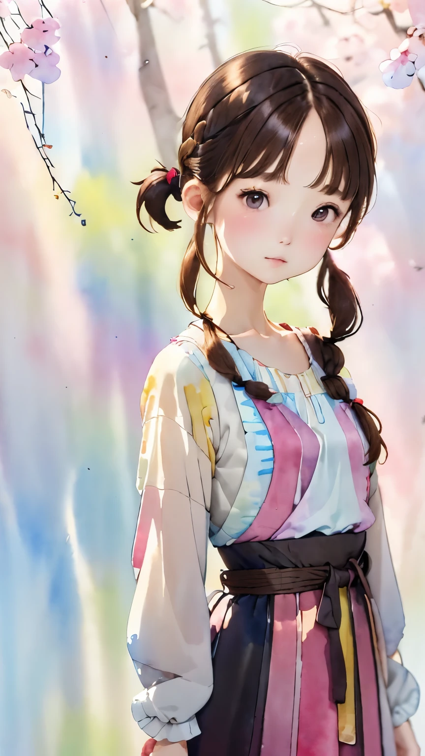 (((Bright colored watercolor style background:1.2)))、one girl、１６talent、anatomy、small face、small、small鼻、Pale pink eyes、Loosely braided low ponytail、brown hair、small breasts、black dress open neck dress、random pose、highest quality、High resolution、High resolution、cinematic lighting、professional photographer、