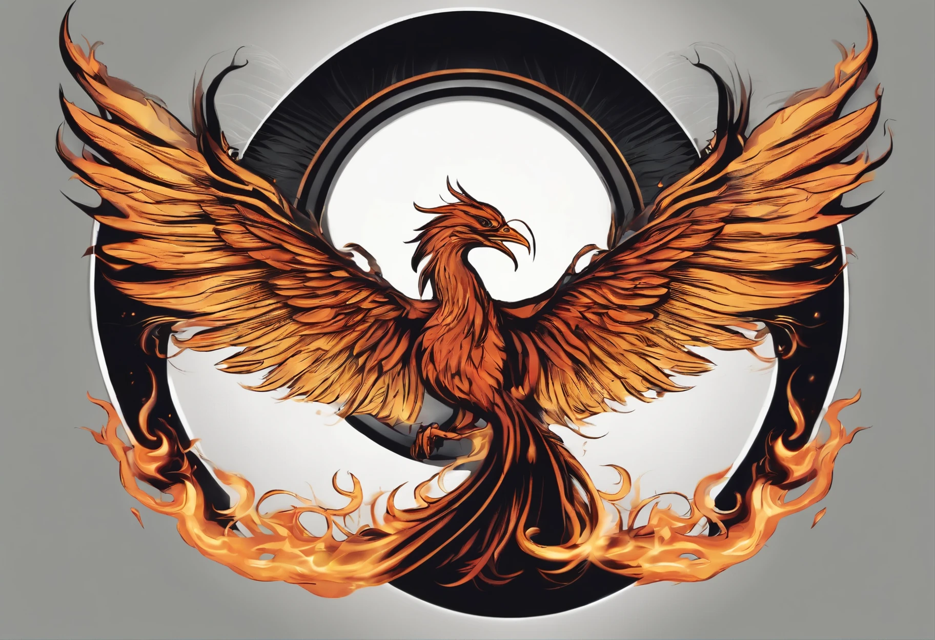 logo,  Phoenix tattoo, flying, made of fire, wings shedding flames, integrado  Himmer dirigindo nas montanhas, vector graphic of great detail alien on a t-shirt