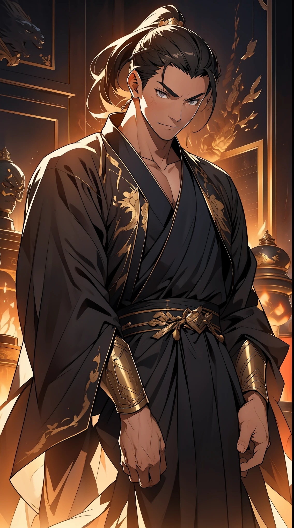 Two dimensions,anime style,one person(male warrior),proportions are correct,facial details,swordsman,high ponytail hairstyle,neck detail,Have an Adam's apple,Black and gold robe,joke,Black and gold robe,clothing details,Hand over,long sleeves,Game quality,fencing,Ray tracing,Ray tracing,Detailed glow,CG rendering,hair details,Long black and blond hair,Black-gold eyes,Handsome,Handsome,(Youthful feeling),Clothing is complicated,Perfect composition,refine,high quality,higher details,many details,Complex background,a sense of atmosphere,