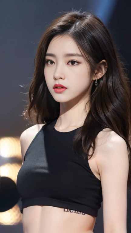 (Best Quality, 8K, 32K, Masterpiece, Ultra HD: 1.2), (K-Pop Idol: 1.3), 1 Girl, (Large: 1.2), (Longhair), Abs, Perfect Figure, Ultra Slender Face, Delicate Lips, Beautiful Eyes Double eyelids ((black crop top)) (pony) 