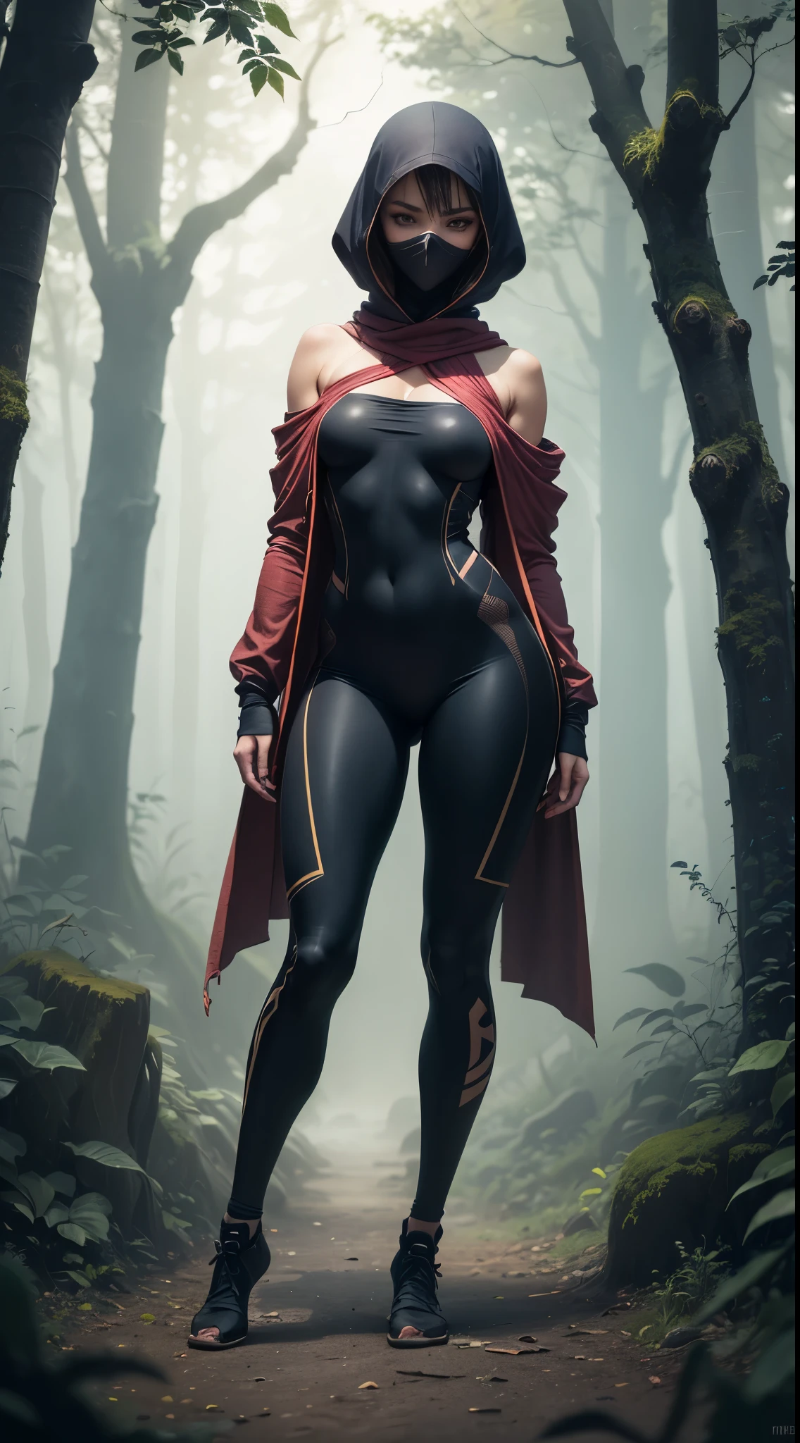 (Masterpiece, Best Quality), 1girl, young, ((dark skin)), tanned, a female assassin, Small-breasted, short-haired, lean figure, ((full body suit)), (((full body covered by ninja outfit))), no skin shown, guns, pistol in hand, Masterfully rendered in ultra high definition (16K), superbly aesthetic, Amidst a dense, mystical forest, thinly veiled in fog, her figure barely perceptible, Suspense and danger emanating from her every pore, The fog plays with the shadows of her ninja outfit, Revealing tantalizing glimpses of her intensity and focus, The ethereal forest, rich with ancient trees, Hidden paths shrouded in mystery, The fog,