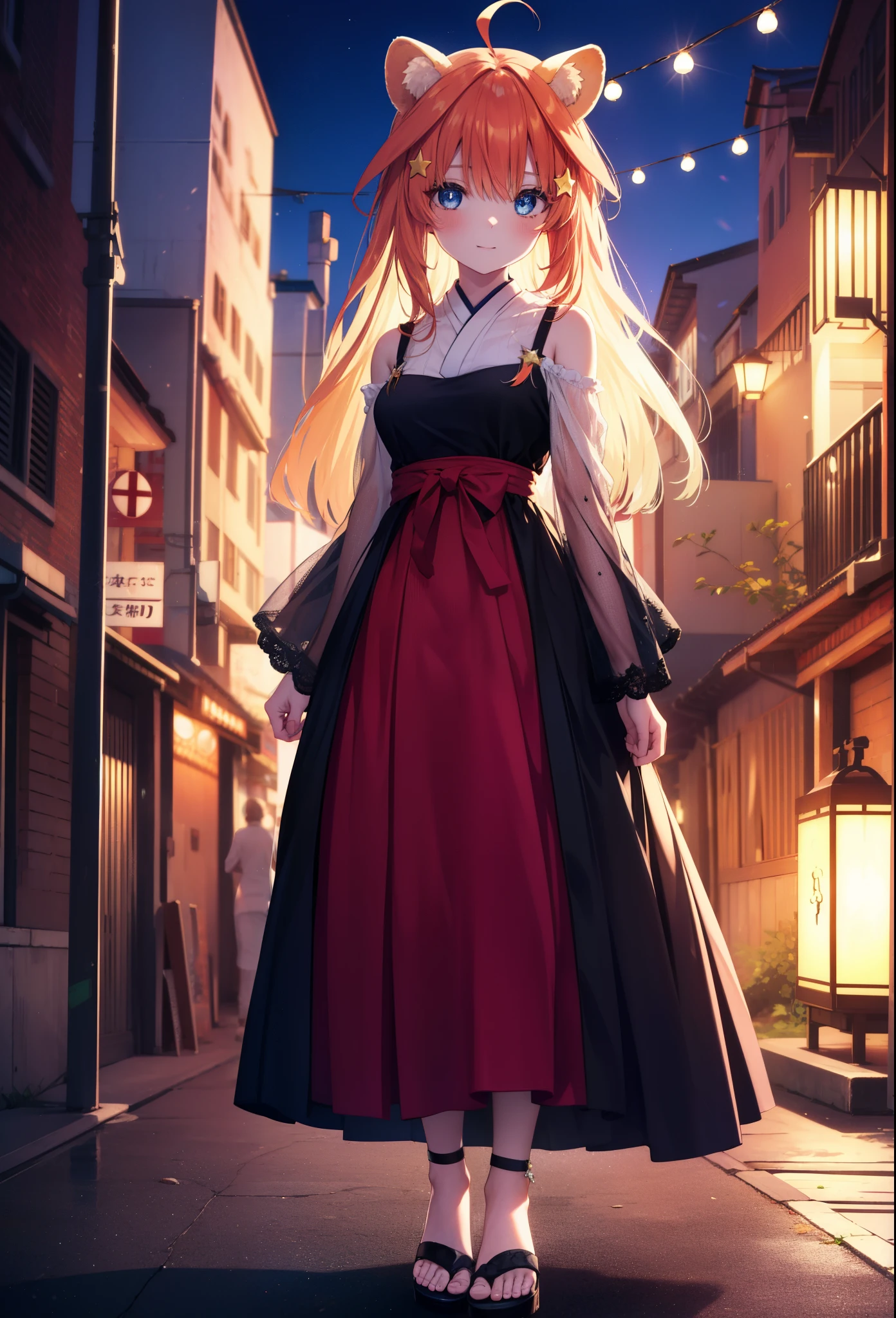 Satsuki Nakano, Itsuki Nakano, bangs, blue eyes, hair between eyes, Ahoge, redhead, star \(symbol\), hair ornaments, smile,blush,star hair ornaments,animal ears raccoon ears,animal tail Tanuki tail,bare shoulders,red official shoulder dress,long skirt,very sandals,turn around,city,Walking outdoors, city
壊す (masterpiece:1.2), highest quality, High resolution, unity 8k wallpaper, (shape:0.8), (beautiful and detailed eyes:1.6), highly detailed face, perfect lighting, Very detailed CG, (perfect hands, perfect anatomy),