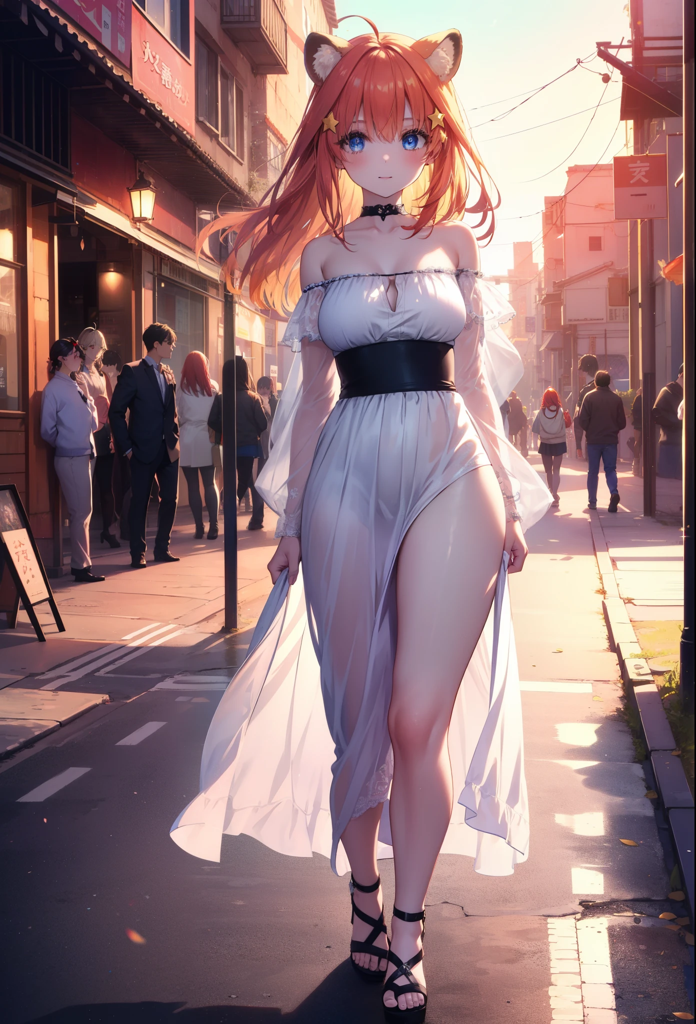 Satsuki Nakano, Itsuki Nakano, bangs, blue eyes, hair between eyes, Ahoge, redhead, star \(symbol\), hair ornaments, smile,blush,star hair ornaments,animal ears　 raccoon ears,animal tail 　Tanuki tail,bare shoulders,red official shoulder dress,long skirt,very sandals,turn around,city,Walking outdoors, city
壊す (masterpiece:1.2), highest quality, High resolution, unity 8k wallpaper, (shape:0.8), (beautiful and detailed eyes:1.6), highly detailed face, perfect lighting, Very detailed CG, (perfect hands, perfect anatomy),