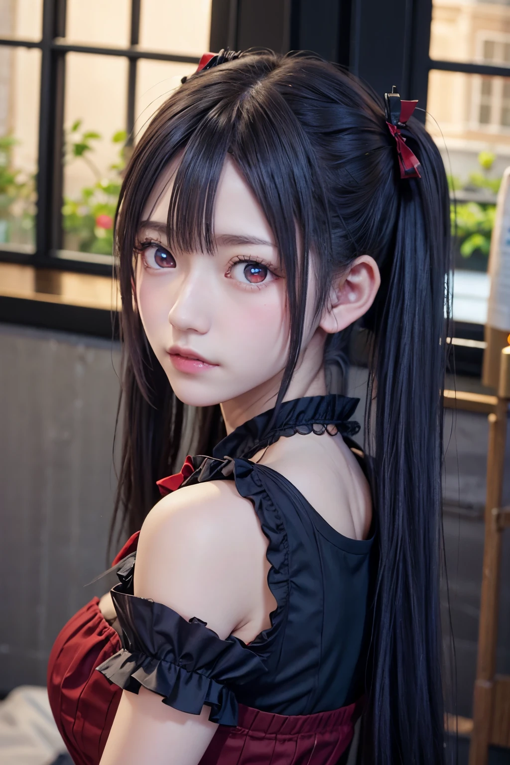 black pigtails, twin tails, trending on cgstation, twin tails hairstyle, beautiful gemini, , Trending on cgstation, wlop and sakimichan, Gwaites style artwork、(((Red goth 、red eyes)))、Muimui、