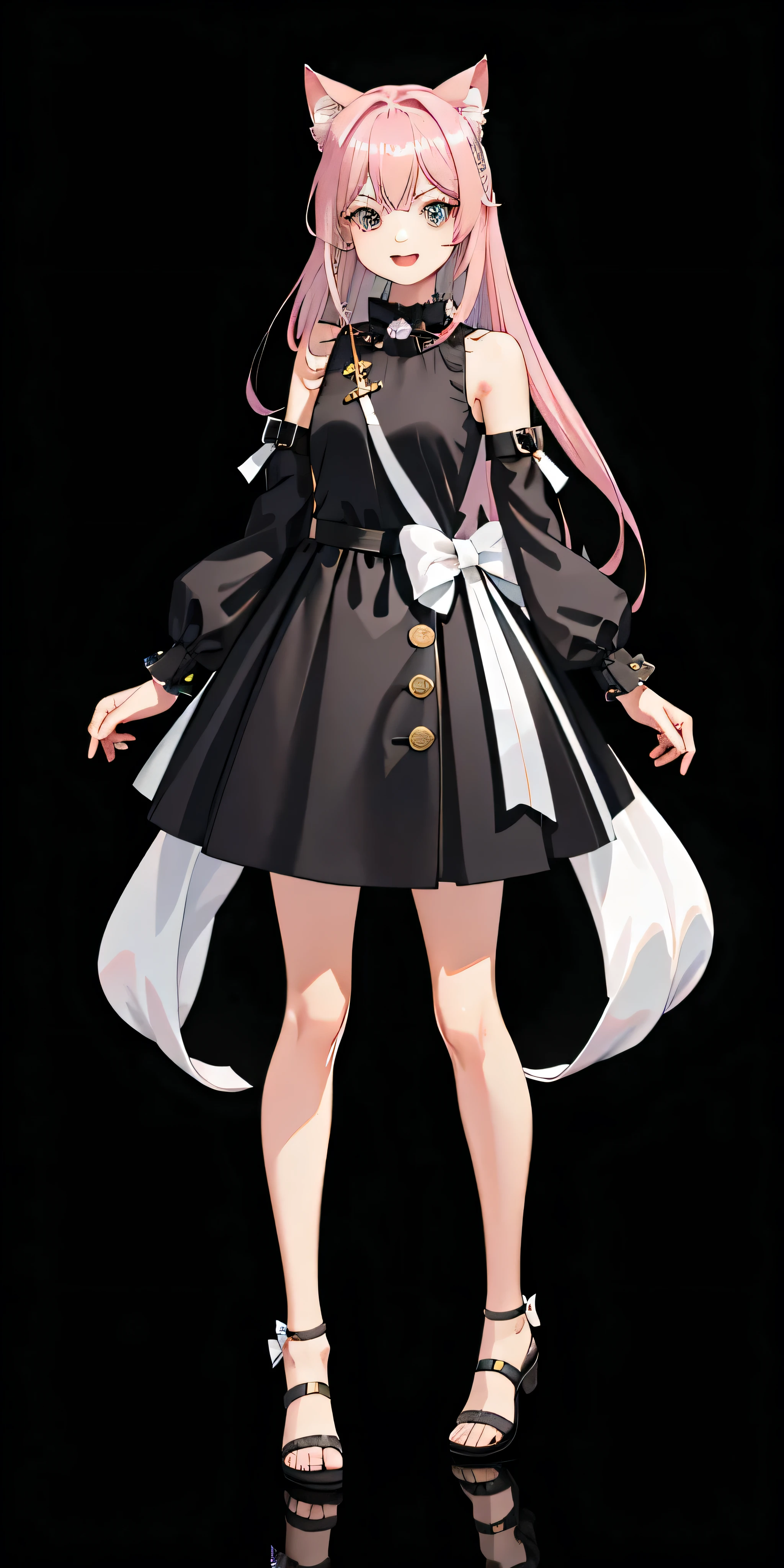 (debris flies, highest quality, High resolution: 1.2), 1 baby girl, Standing Solo, one character whole body, whole body concept, detail pink big eyes, pink hair, Cat ear,style art buds, Full body detailed 4K，Devilish smile with wide open mouth，そしてその詳細なFull body detailed 4K，(simple background)