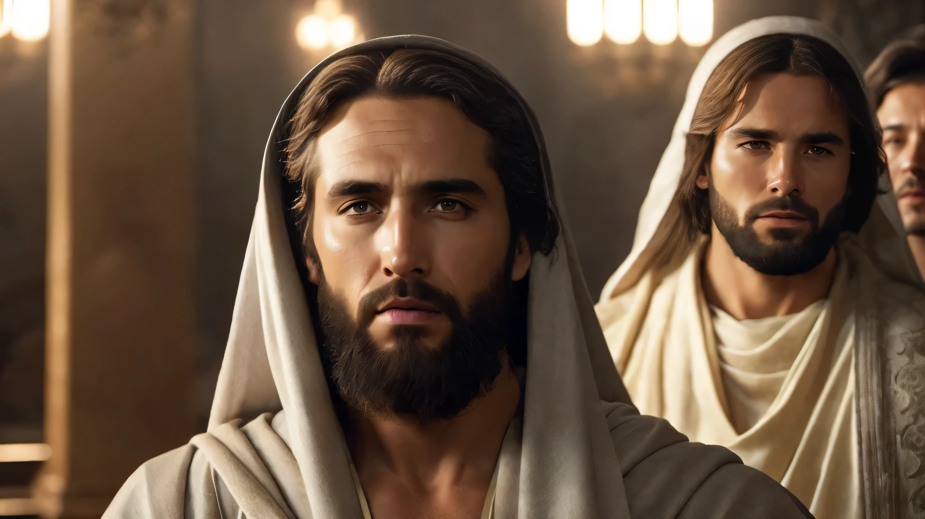 Ancient Israel、Biblical times、1st century、(((Religious leaders debate short-haired Jesus Christ)))、8K、Live shooting、highest quality、masterpiece:1.5、ultra-lightweighthigh-resolution、photogenuineistic:1.5、cinematic light、soft volume lighting:1.5、genuine、photogenuineistic:1、be familiar withな皮膚、professional lighting、photograph、sharp focus、be familiar with、professional lighting、photon mapping、be familiar withで複雑な環境、非常にbe familiar with、highest quality、美術的なphotograph、photogenuineisticなコンセプトアート、Cinematic perfect light with soft natural volume、The middle of a journey、be familiar withな手、