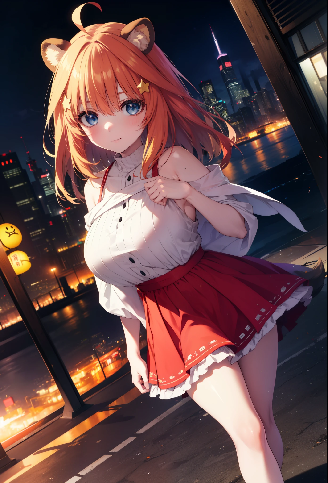 Satsuki Nakano, Itsuki Nakano, bangs, blue eyes, hair between eyes, Ahoge, redhead, star \(symbol\), hair ornaments, smile,blush,star hair ornaments,animal ears　 raccoon ears,animal tail 　Tanuki tail,bare shoulders,red official shoulder dress,long skirt,very sandals,turn around,city,Walking outdoors, city
壊す (masterpiece:1.2), highest quality, High resolution, unity 8k wallpaper, (shape:0.8), (beautiful and detailed eyes:1.6), highly detailed face, perfect lighting, Very detailed CG, (perfect hands, perfect anatomy),