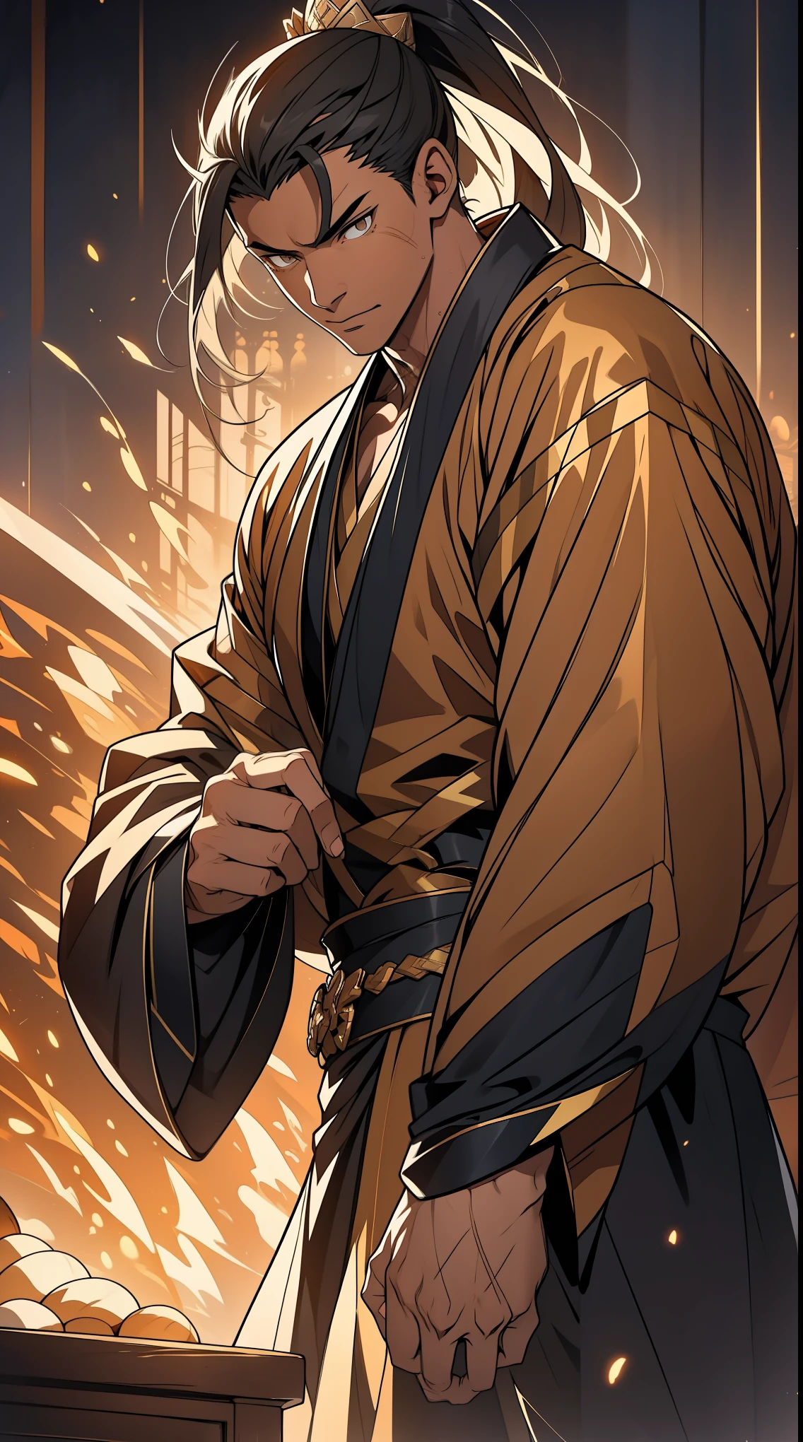 Two dimensions,anime style,one person(male warrior),proportions are correct,facial details,swordsman,high ponytail hairstyle,neck detail,Have an Adam's apple,Black and gold robe,joke,Black and gold robe,clothing details,Hand over,long sleeves,Game quality,fencing,Ray tracing,Ray tracing,Detailed glow,CG rendering,hair details,Long black and blond hair,Black-gold eyes,Handsome,Handsome,(Youthful feeling),Clothing is complicated,Perfect composition,refine,high quality,higher details,many details,Complex background,a sense of atmosphere,