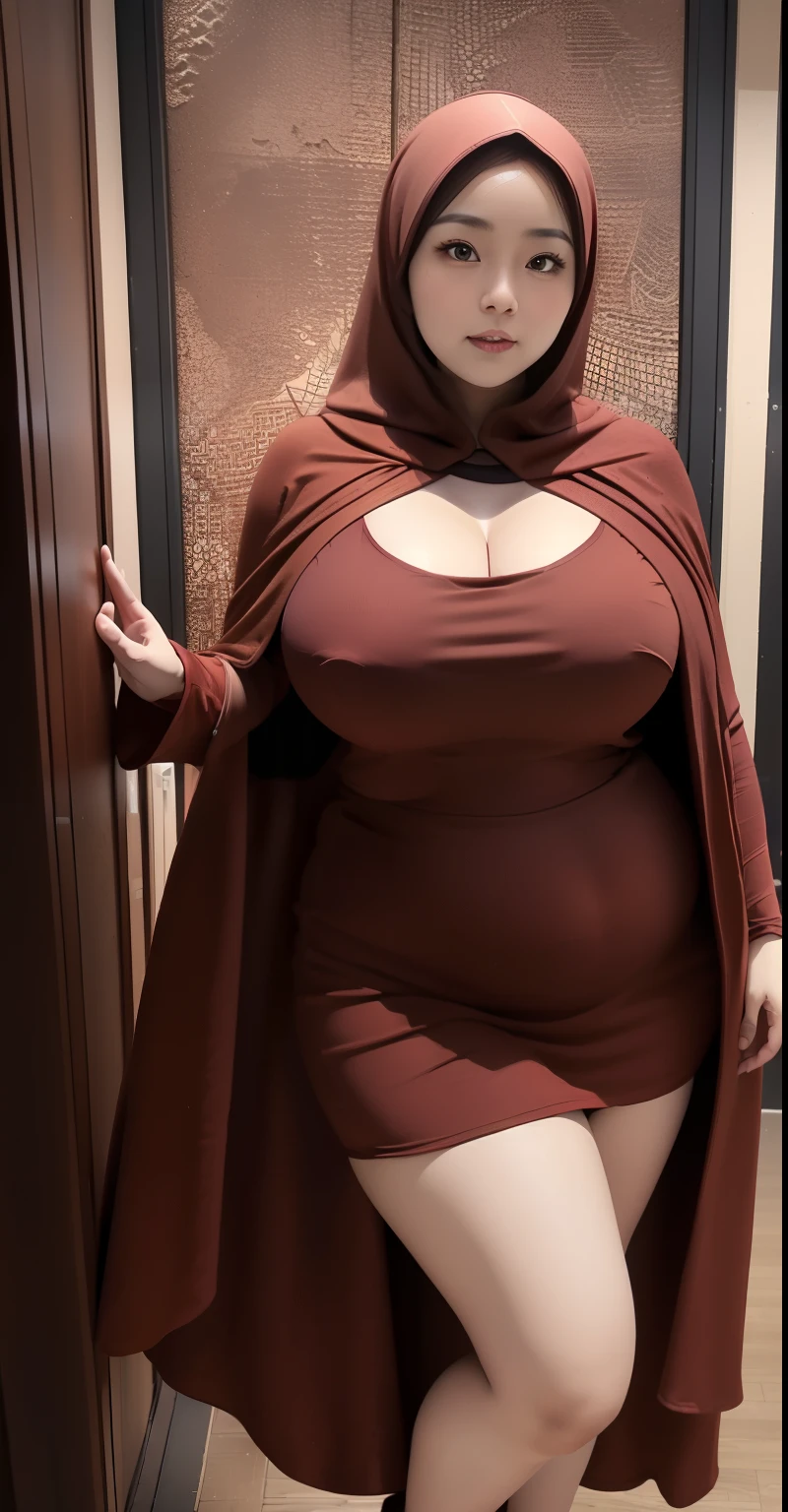 woman in brown-red dress and hijab random pose in the dark rooms, wearing brown-red clothes and cape, hijab outfit, with a long brown-red cape, hijab fashion model, plus size, plus size woman, wearing brown robe, woman in brown robes, beautiful burqa's woman, thicc, brown outfit,, wearing a brown-red robe, brown , with cape, bbwchan, large cleavage, very large cleavage, massive cleavage , wearing a sneakers, 35 years old woman, asian women, low light, 4k, high resolution, 8k resolution, perfect vibes , cold atmosphere