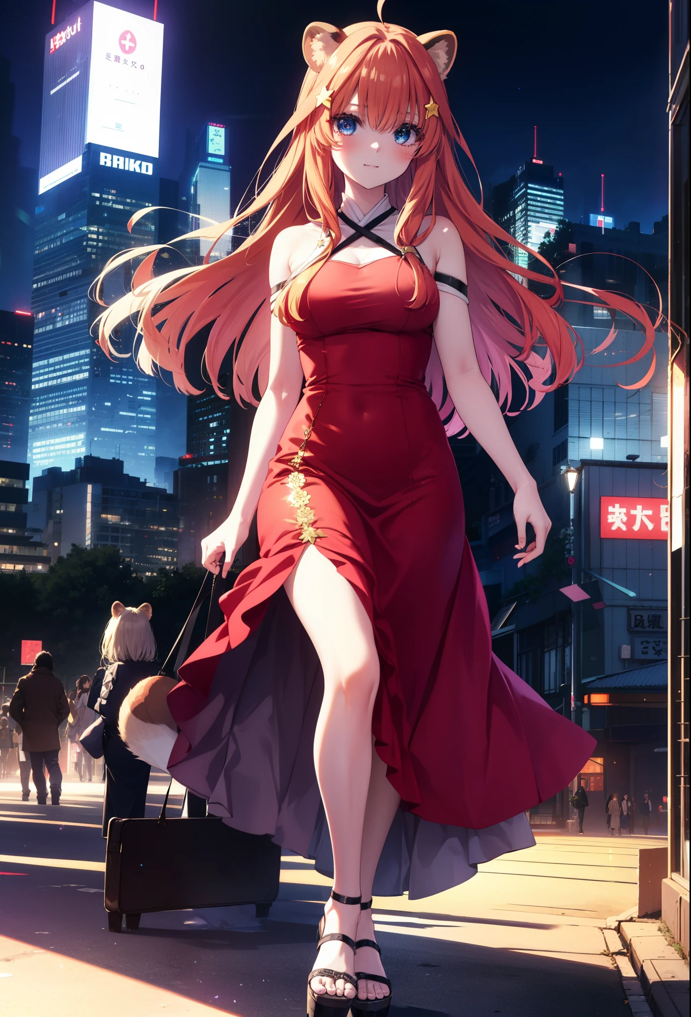 Satsuki Nakano, Itsuki Nakano, bangs, blue eyes, hair between eyes, Ahoge, redhead, star \(symbol\), hair ornaments, smile,blush,star hair ornaments,animal ears raccoon ears,animal tail Tanuki tail,bare shoulders,red official shoulder dress,long skirt,heel sandals,turn around,city,Walking outdoors, city
壊す (masterpiece:1.2), highest quality, High resolution, unity 8k wallpaper, (shape:0.8), (beautiful and detailed eyes:1.6), highly detailed face, perfect lighting, Very detailed CG, (perfect hands, perfect anatomy),