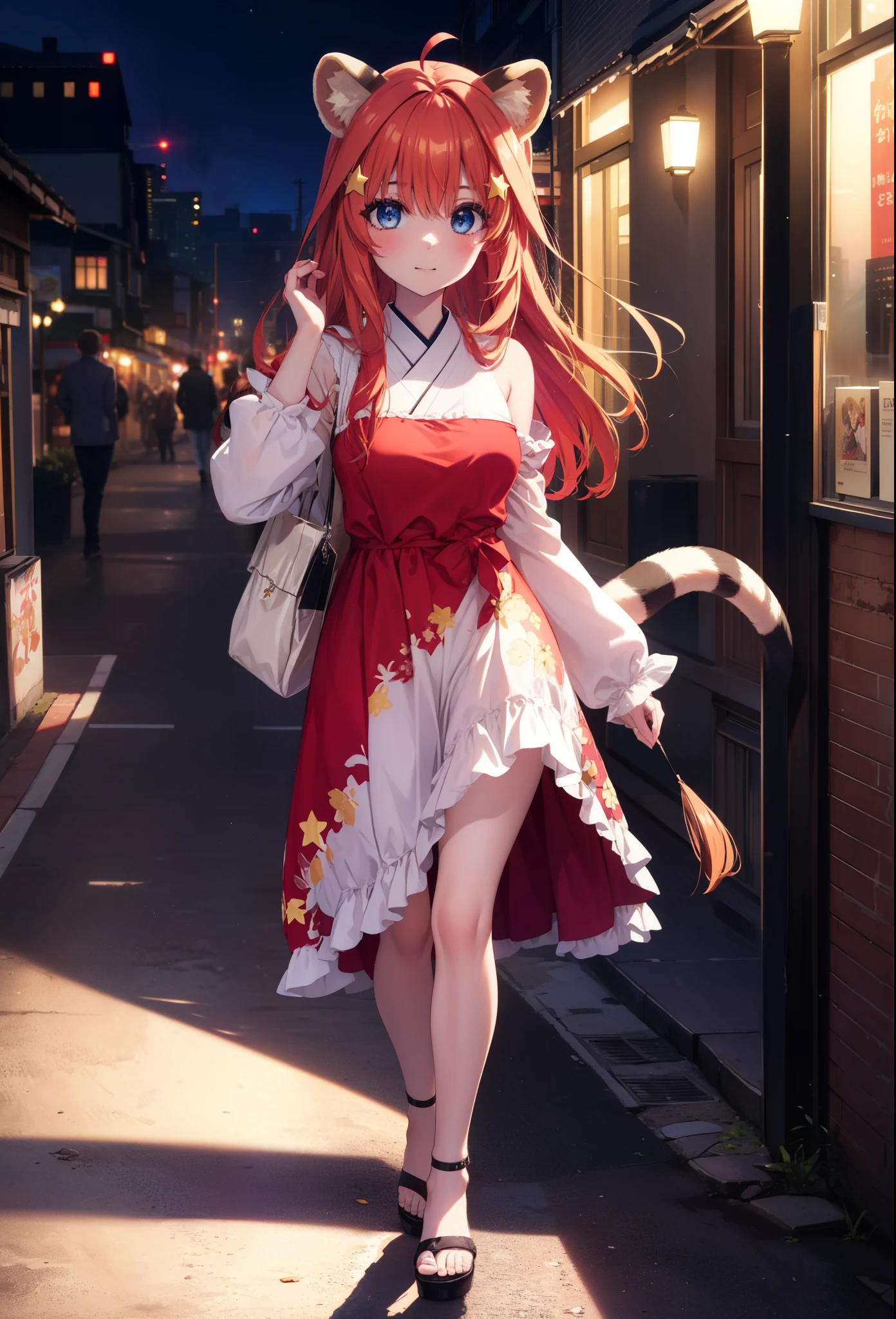 Satsuki Nakano, Itsuki Nakano, bangs, blue eyes, hair between eyes, Ahoge, redhead, star \(symbol\), hair ornaments, smile,blush,star hair ornaments,animal ears　 raccoon ears,animal tail 　Tanuki tail,bare shoulders,red official shoulder dress,long skirt,heel sandals,turn around,city,Walking outdoors, city
壊す (masterpiece:1.2), highest quality, High resolution, unity 8k wallpaper, (shape:0.8), (beautiful and detailed eyes:1.6), highly detailed face, perfect lighting, Very detailed CG, (perfect hands, perfect anatomy),