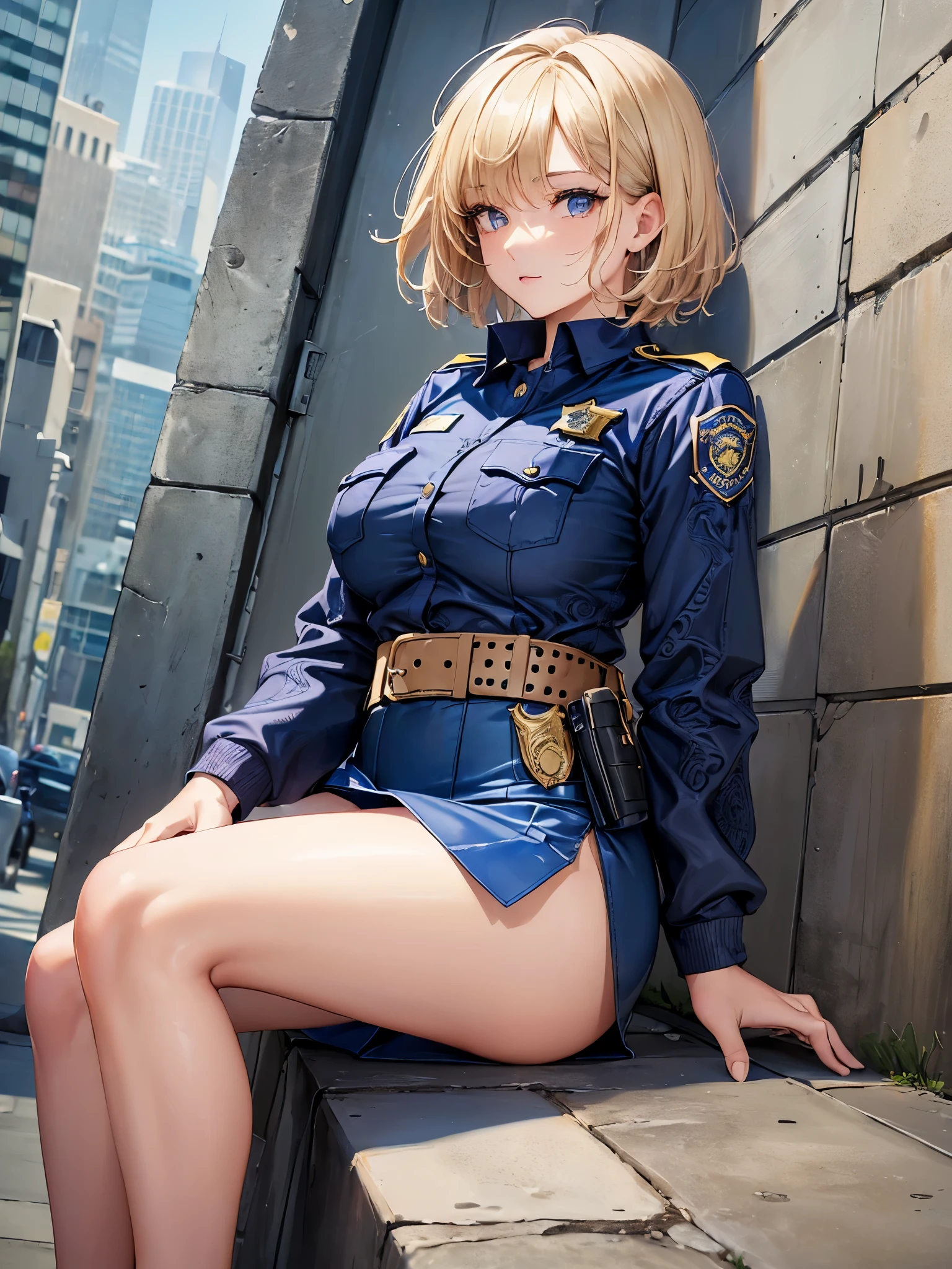 (masterpiece, highest quality, ultra high res, ultra detailed:1.3), 1 cute girl, ideal ratio body proportions, (((policewoman costume))), squatting, ((on roadway)), mini skirt, pose with legs spread, (white panties, showing off panties), shy look, from below, front view, cameltoe, blonde short hair, expression of dislike, dislike look, shy look, troubled face, look of contempt, the expression of looking at something dirty, clothes covered nipples,
