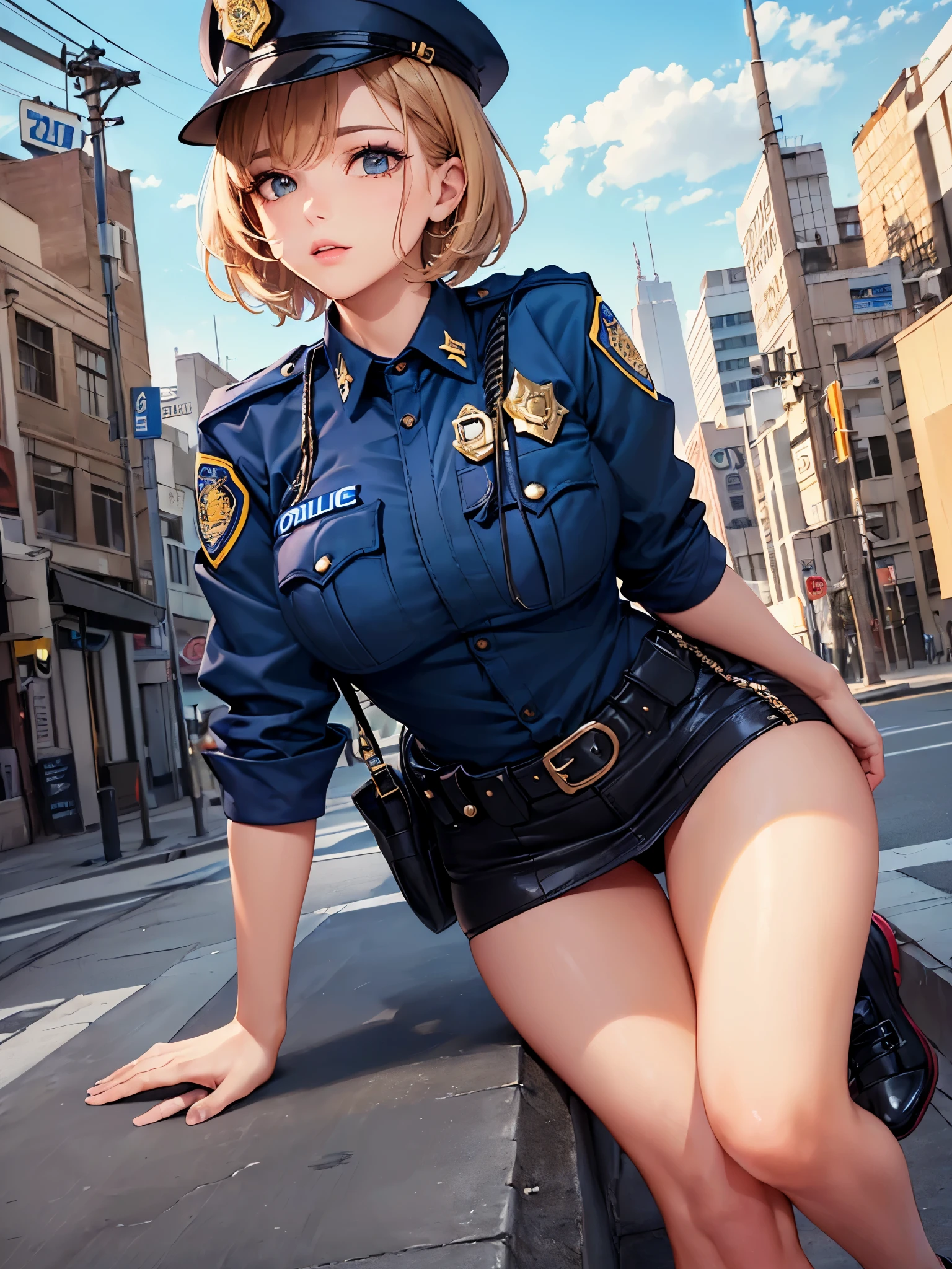 ((highest quality)),(ultra high resolution),(Super detailed),(detailed description),((best CG)),(best work of art),super precision art,great drawing art,(Art with precise details:1.5), (1 female police officer:1.8),(beautiful and well-shaped face:1.5),(Strong-willed eyes:1.5,(light makeup:1.6),(Moist body flaxen short hair:1.6),(Tight uniform:1.6),(tight mini skirt:1.4),(shoes with belt:1.5),(Beautiful leg lines:1.5), (Exquisite and detailed outdoor scenery:1.7),