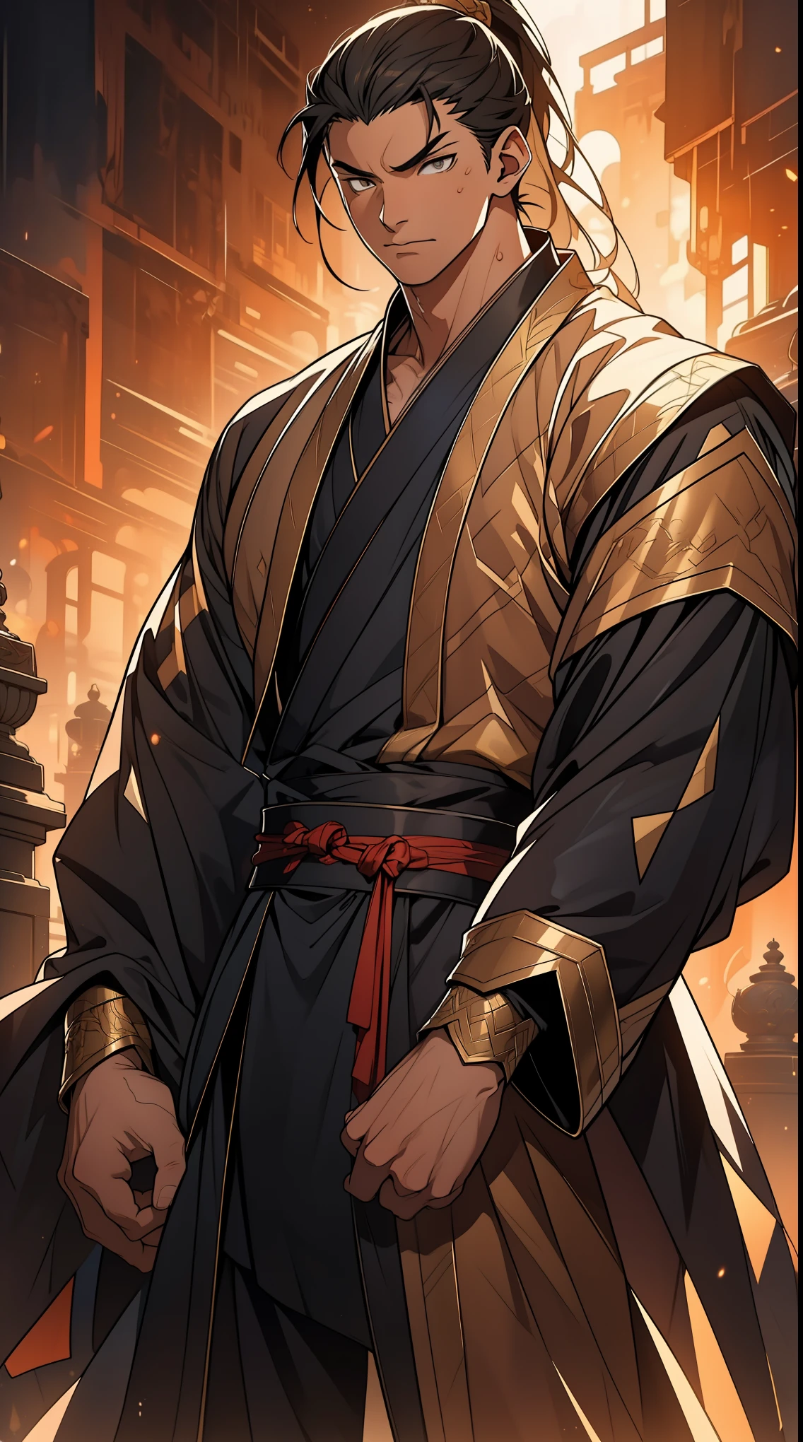 Two dimensions,anime style,one person(male warrior),proportions are correct,facial details,swordsman,high ponytail hairstyle,neck detail,Have an Adam's apple,Black and gold robe,joke,Black and gold robe,clothing details,Hand over,long sleeves,Game quality,fencing,Ray tracing,Ray tracing,Detailed glow,CG rendering,hair details,Long black and blond hair,Black-gold eyes,Handsome,Handsome,(Youthful feeling),Clothing is complicated,Perfect composition,refine,high quality,higher details,many details,Complex background,a sense of atmosphere,
