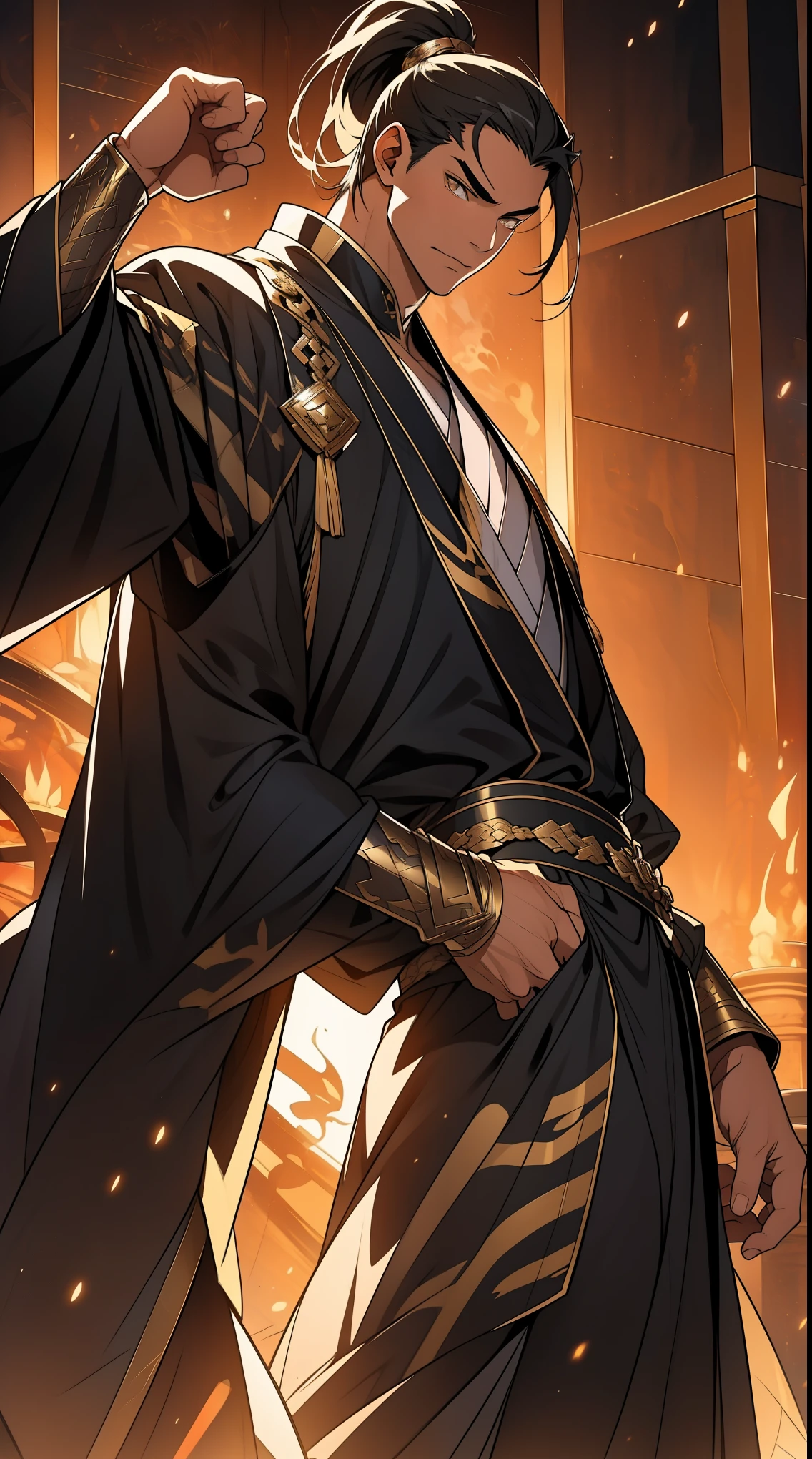 Two dimensions，anime style，one person（male warrior），proportions are correct，facial details，swordsman，high ponytail hairstyle，neck detail，Have an Adam&#39;s apple，Black and gold robe，joke，Black and gold robe，clothing details，Hand over，long sleeves，Game quality，fencing，Ray tracing，Ray tracing，Detailed glow，CG rendering，hair details，Long black and blond hair，Black-gold eyes，Handsome，Handsome，（Youthful feeling），Clothing is complicated，Perfect composition，refine，high quality，higher details，many details，Complex background，a sense of atmosphere，