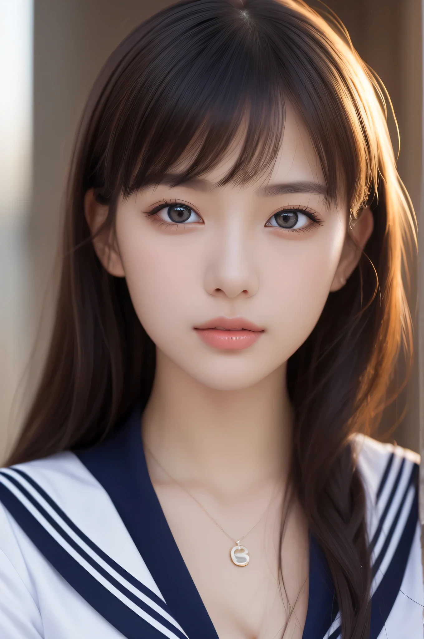 1 girl, (highest quality:1.4), (super detailed), (Highly detailed beautiful face), wonderful face and eyes, black eye, black hair, (sailor suit, school uniform:1.2), (cleavage), Smooth, Highly detailed CG integrated 8k wallpaper, High resolution raw color photos, professional photos, light, Backlight, dream-like, impressive, Depth of bounds written