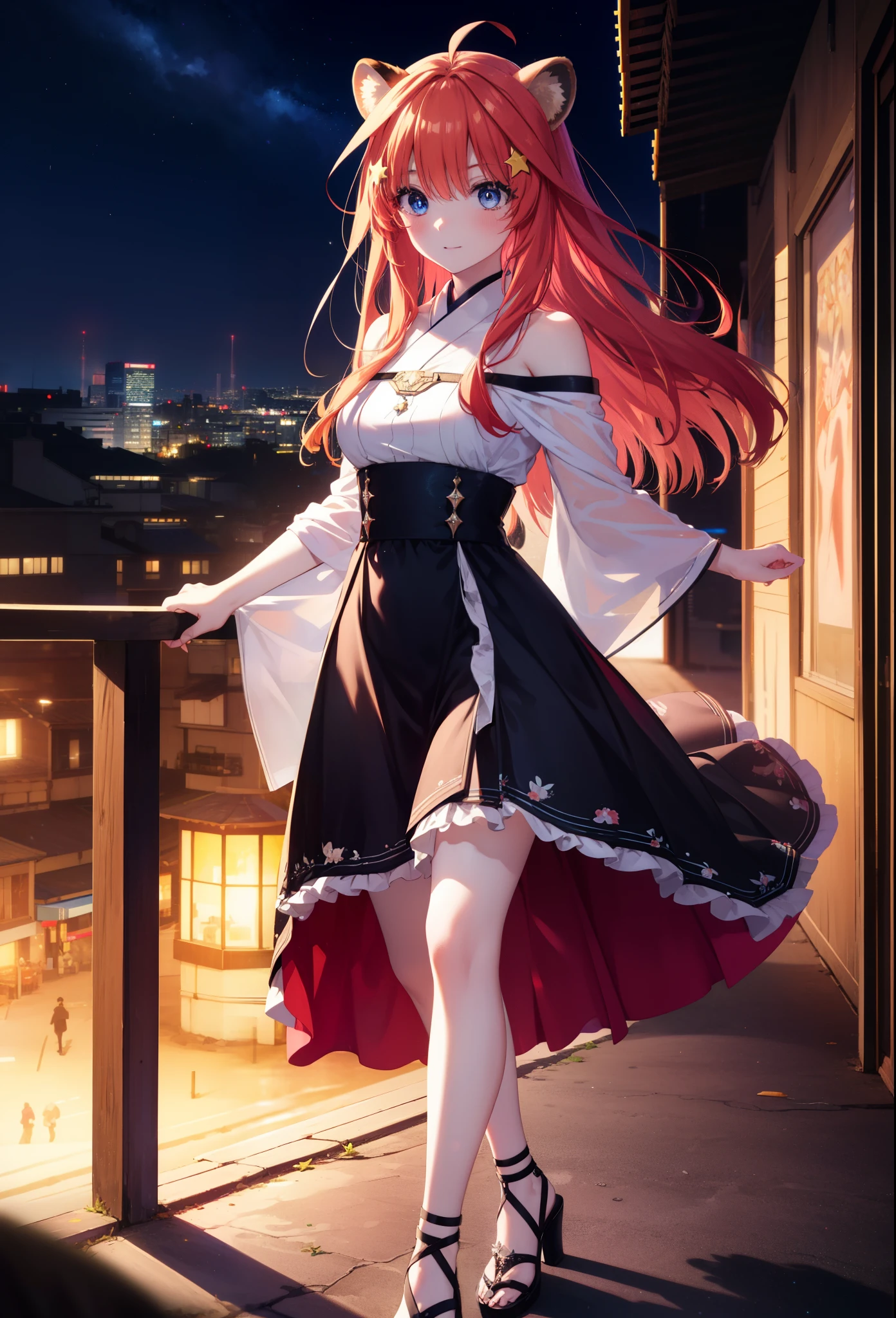 Satsuki Nakano, Itsuki Nakano, bangs, blue eyes, hair between eyes, Ahoge, redhead, star \(symbol\), hair ornaments, smile,blush,star hair ornaments,animal ears　 raccoon ears,animal tail 　Tanuki tail,bare shoulders,red official shoulder dress,long skirt,heel sandals,turn around,city,Walking outdoors, city
壊す (masterpiece:1.2), highest quality, High resolution, unity 8k wallpaper, (shape:0.8), (beautiful and detailed eyes:1.6), highly detailed face, perfect lighting, Very detailed CG, (perfect hands, perfect anatomy),