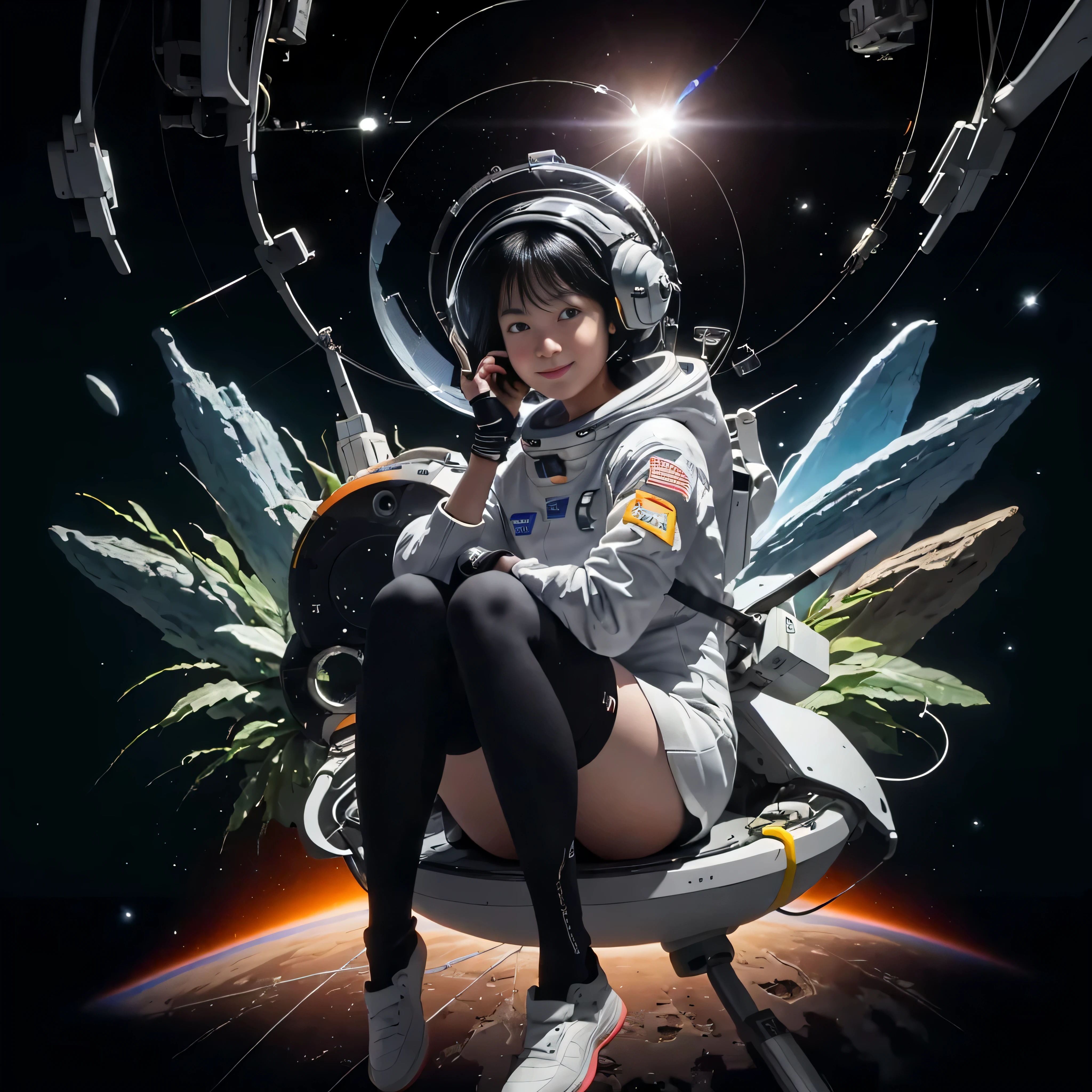 ((RAW image quality:1.4)), ((1 girl,alone))confused, High resolution, Super detailed, (Photo taken with an 8mm fisheye lens), (1 girl:1.3), (dirty black hair,beautiful and detailed eyes,shiny oily skin:1.1),
smile or open your mouse,
Sitting in the cockpit of a spaceship with lots of stars、Many spaceships moving around a huge star, sun, Spacecraft on the Moon Astronauts Robots and Artificial Intelligence Devices Space Helmets Comets Tangled Wires