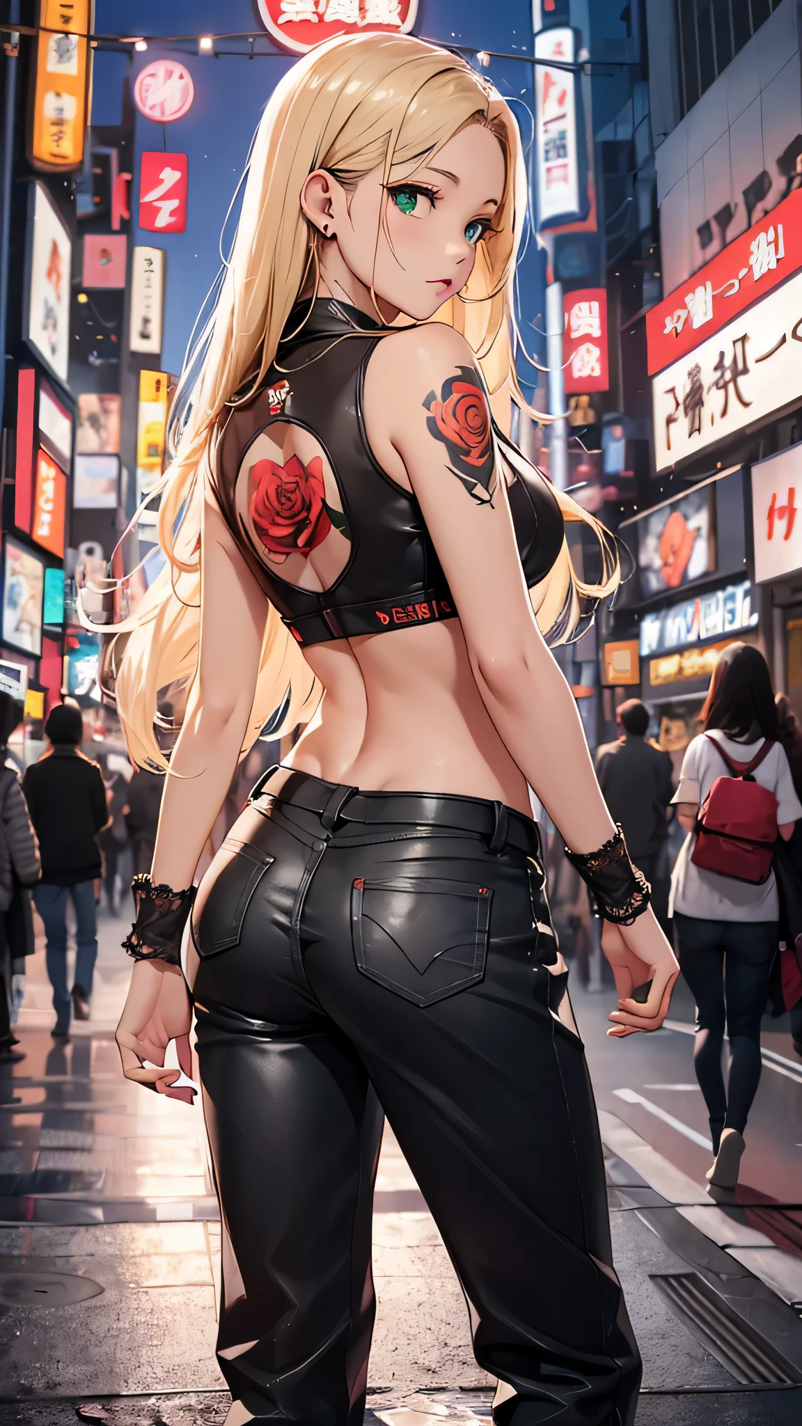 最high quality、best image quality、masterpiece、age girl((20-year-old、 By becoming、vest bust、medium bust,wide open breast tea、black eye, blonde hair、long hair、thin,highest valley、Rear view、topless、big rose tattoo on back、green long pants)),high quality、beautiful art、background((Red smoke、Japan、Kabukicho at night、in the middle of the intersection))debris flies、Depth of written boundary、movie、visual art、perfect art、8K,genuine
