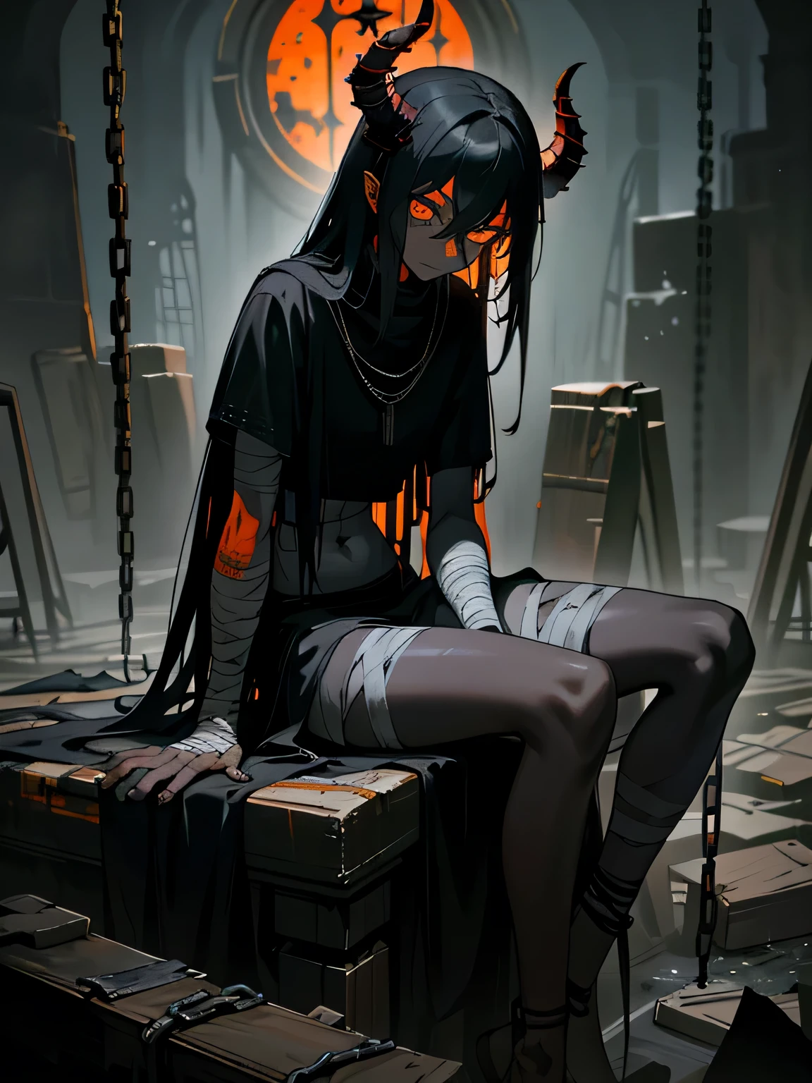 a dark-skinned anime girl with glowing orange eyes and a lowered gaze, wearing tattered white cloth bandages as clothing, with lots of cast iron chains, sitting at an old wooden table in the gloomy room of an abandoned temple, a sickle lying on the table, broken chairs and an atmosphere of desolation in the background, a dark, moonless night sky visible outside, long black ash hair flowing out from beneath a stylized triangular helmet, holding a large sword or similar weapon, posing in a dark, scary woods, best quality, 4k, 8k, highres, masterpiece:1.2, ultra-detailed, realistic, photorealistic, photo-realistic:1.37, HDR, UHD, studio lighting, ultra-fine painting, sharp focus, physically-based rendering, extreme detail description, professional, vivid colors, bokeh, dark fantasy, dystopian, horror art, hopeless, loneliness