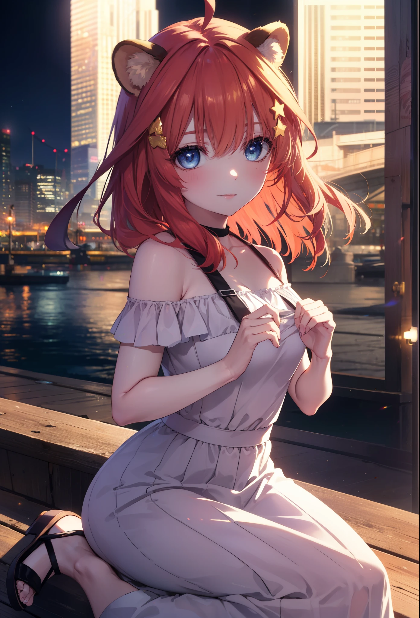 Satsuki Nakano, Itsuki Nakano, bangs, blue eyes, hair between eyes, Ahoge, redhead, star \(symbol\), hair ornaments, smile,blush,star hair ornaments,animal ears　 raccoon ears,animal tail 　Tanuki tail,bare shoulders,red official shoulder dress,long skirt,heel sandals,turn around,city,Walking outdoors, city
壊す (masterpiece:1.2), highest quality, High resolution, unity 8k wallpaper, (shape:0.8), (beautiful and detailed eyes:1.6), highly detailed face, perfect lighting, Very detailed CG, (perfect hands, perfect anatomy),