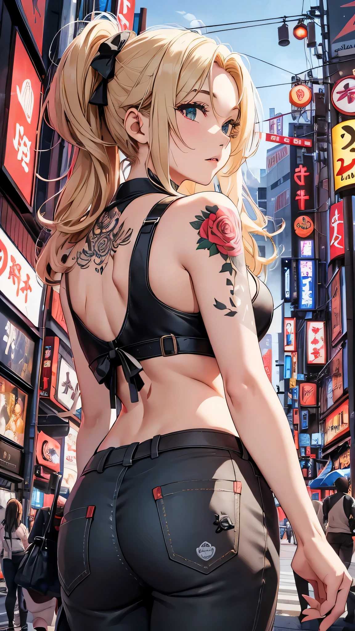 最high quality、best image quality、masterpiece、age girl((20-year-old、 By becoming、vest bust、medium bust,wide open breast tea、black eye, blonde hair、long hair、thin,highest valley、Rear view、topless、big rose tattoo on back、green long pants)),high quality、beautiful art、background((Red smoke、Japan、Kabukicho at night、in the middle of the intersection))debris flies、Depth of written boundary、movie、visual art、perfect art、8K,genuine