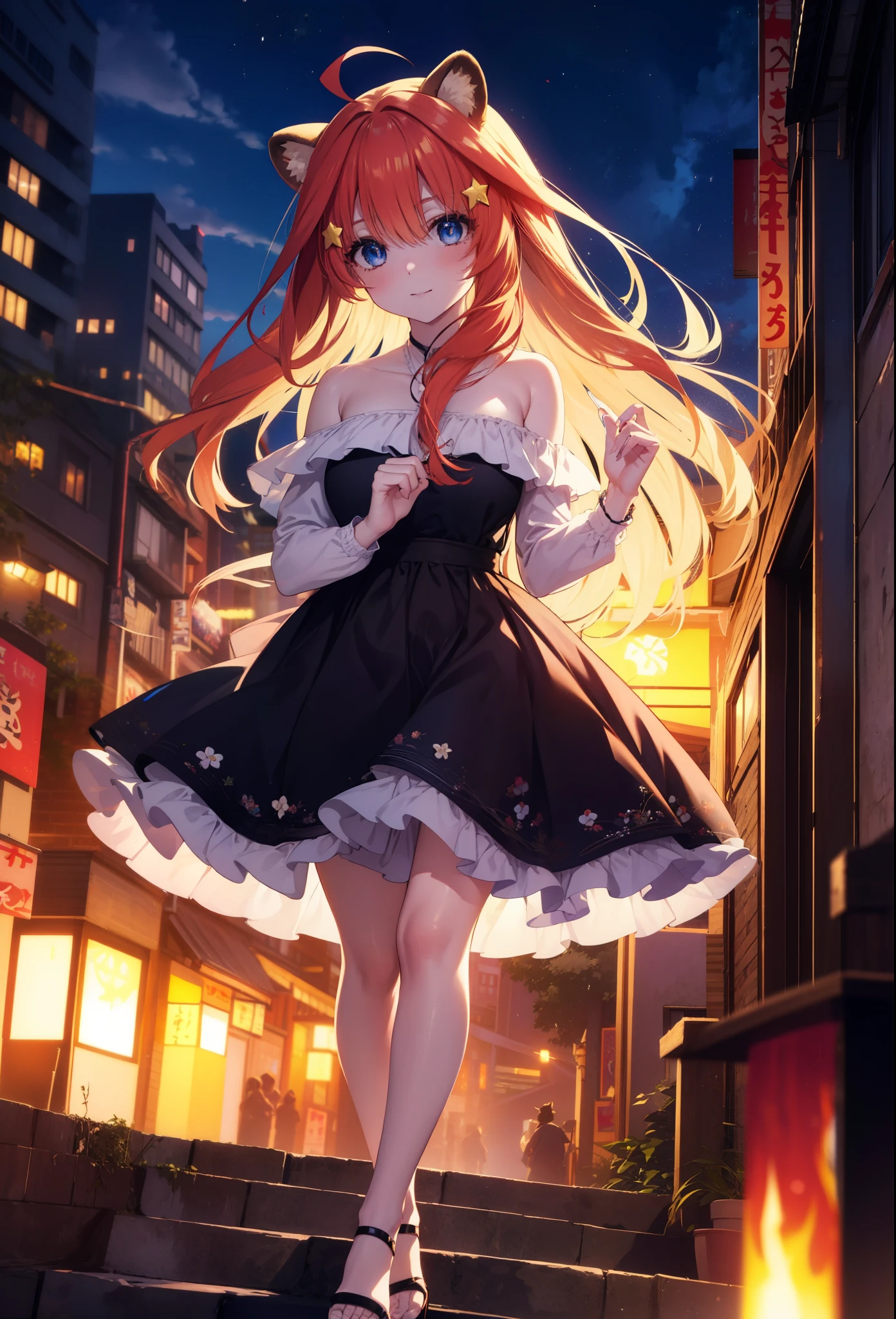 Satsuki Nakano, Itsuki Nakano, bangs, blue eyes, hair between eyes, Ahoge, redhead, star \(symbol\), hair ornaments, smile,blush,star hair ornaments,animal ears　 raccoon ears,animal tail 　Tanuki tail,bare shoulders,red official shoulder dress,long skirt,heel sandals,turn around,city,Walking outdoors, city
壊す (masterpiece:1.2), highest quality, High resolution, unity 8k wallpaper, (shape:0.8), (beautiful and detailed eyes:1.6), highly detailed face, perfect lighting, Very detailed CG, (perfect hands, perfect anatomy),