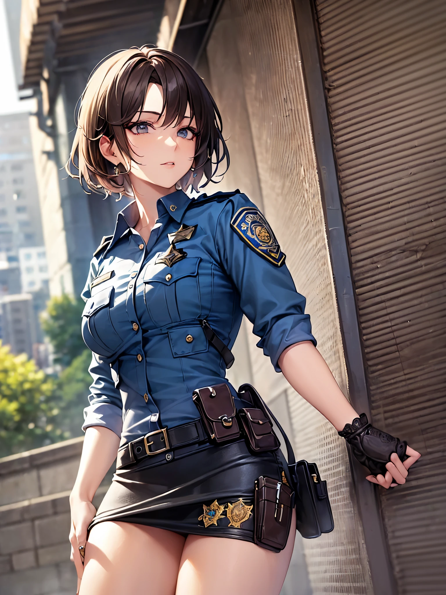 ((highest quality)),(ultra high resolution),(Super detailed),(detailed description),((best CG)),(best work of art),super precision art,great drawing art,(Art with precise details:1.5), (1 female police officer:1.8),(beautiful and well-shaped face:1.5),(Strong-willed eyes:1.5,(light makeup:1.6),(Moist body flaxen short hair:1.6),(Tight uniform:1.6),(tight mini skirt:1.4),(holster:1.5),(Beautiful leg lines:1.5), (Exquisite and detailed outdoor scenery:1.7),