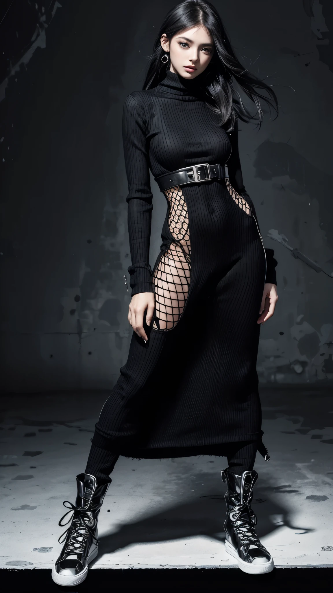 fashion brand collection, (fashion catalogue, grid design, perfect catalogue design, perfect grid view:1.4), (multiple wear catalogue:1.6), highly detailed, beautiful, masterpiece, best quality, Geometric style, abstract beauty,(1 girl:1.4), 4 wear, (all body shot, standing and posing:1.3), dynamic pose, approaching perfection, digital painting, artstation, (concept art:1.3), illustration, white and black colors, Geometric patterns, abstract forms, Complex, surreal, Artistic complicated background, BREAK latex, Glossy, Liquid, rubber, BREAK (casual fashion and Cyber taste fashion), (black theme:1.4), baggy and baggy wear, baggy Waist line and baggy sleeve, baggy knit A-line dress, Scattered geometry, (long length muffler), BREAK (stripe theme:1.2), (black and white striped Socks with zettai ryouiki), boots taste Sneaker,