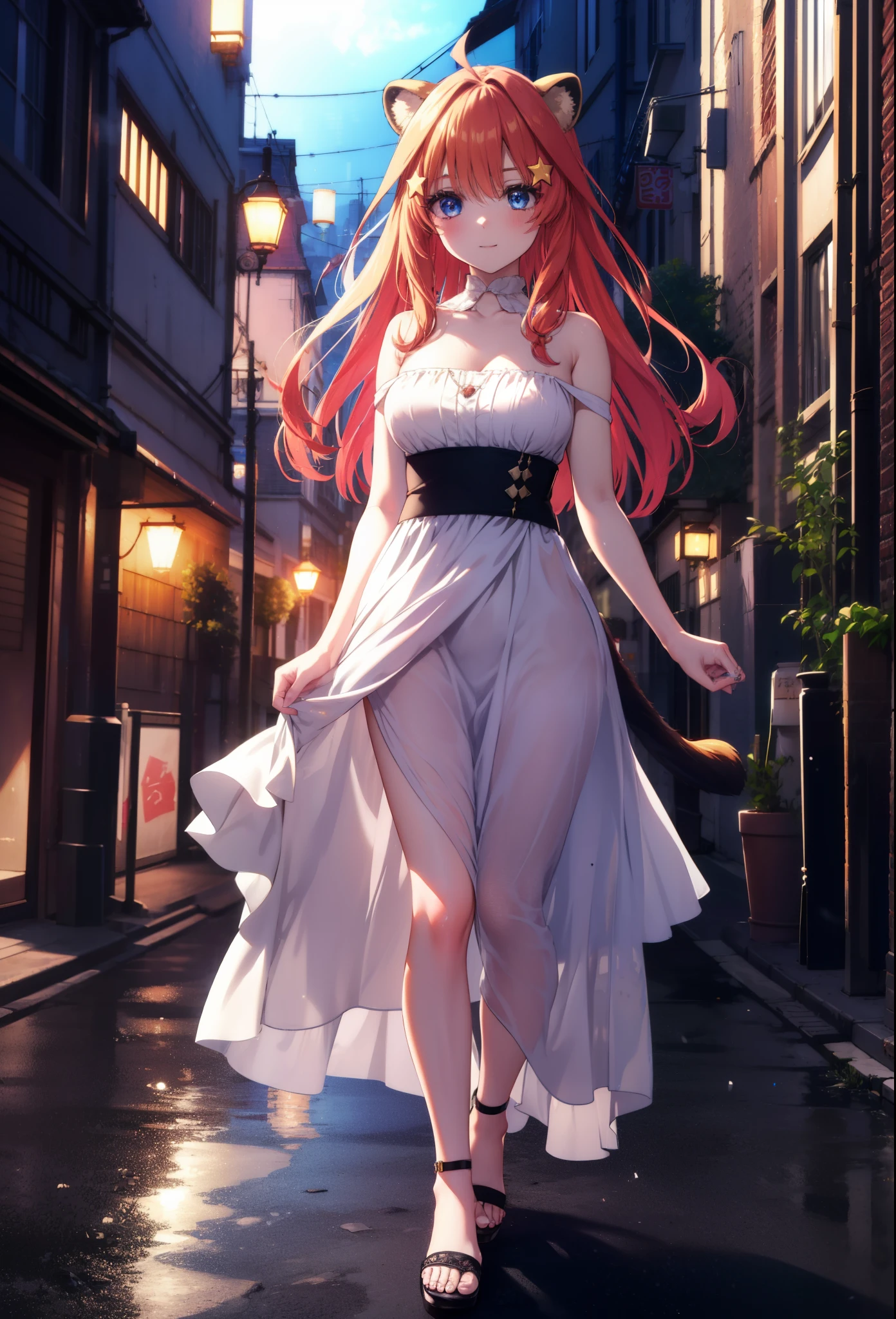 Satsuki Nakano, Itsuki Nakano, bangs, blue eyes, hair between eyes, Ahoge, redhead, star \(symbol\), hair ornaments, smile,blush,star hair ornaments,animal ears　 raccoon ears,animal tail 　Tanuki tail,bare shoulders,bare clavicle,red official shoulder dress,long skirt,heel sandals,turn around,city,Walking outdoors, city
壊す (masterpiece:1.2), highest quality, High resolution, unity 8k wallpaper, (shape:0.8), (beautiful and detailed eyes:1.6), highly detailed face, perfect lighting, Very detailed CG, (perfect hands, perfect anatomy),