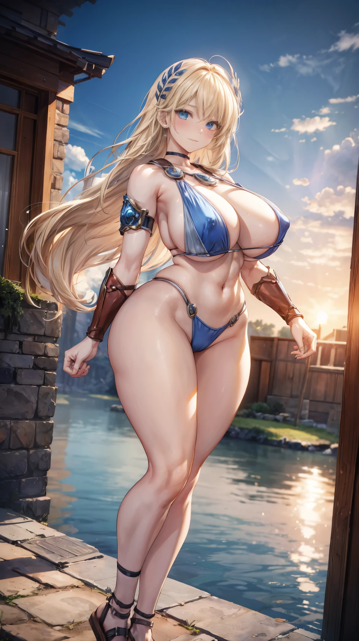 sensual, long blonde hair, thick thighs, 8K, 4K, highest quality, High resolution:1.2), cute anime face, noise reduction, shining blue eyes, gentle smile, Gentle eyes、toned abdominal muscles, muscular arms, muscular legs, young face, anime eyes, (((big breasts、Breasts that are about to burst)))、sophitia、sword、shield、((whole body))