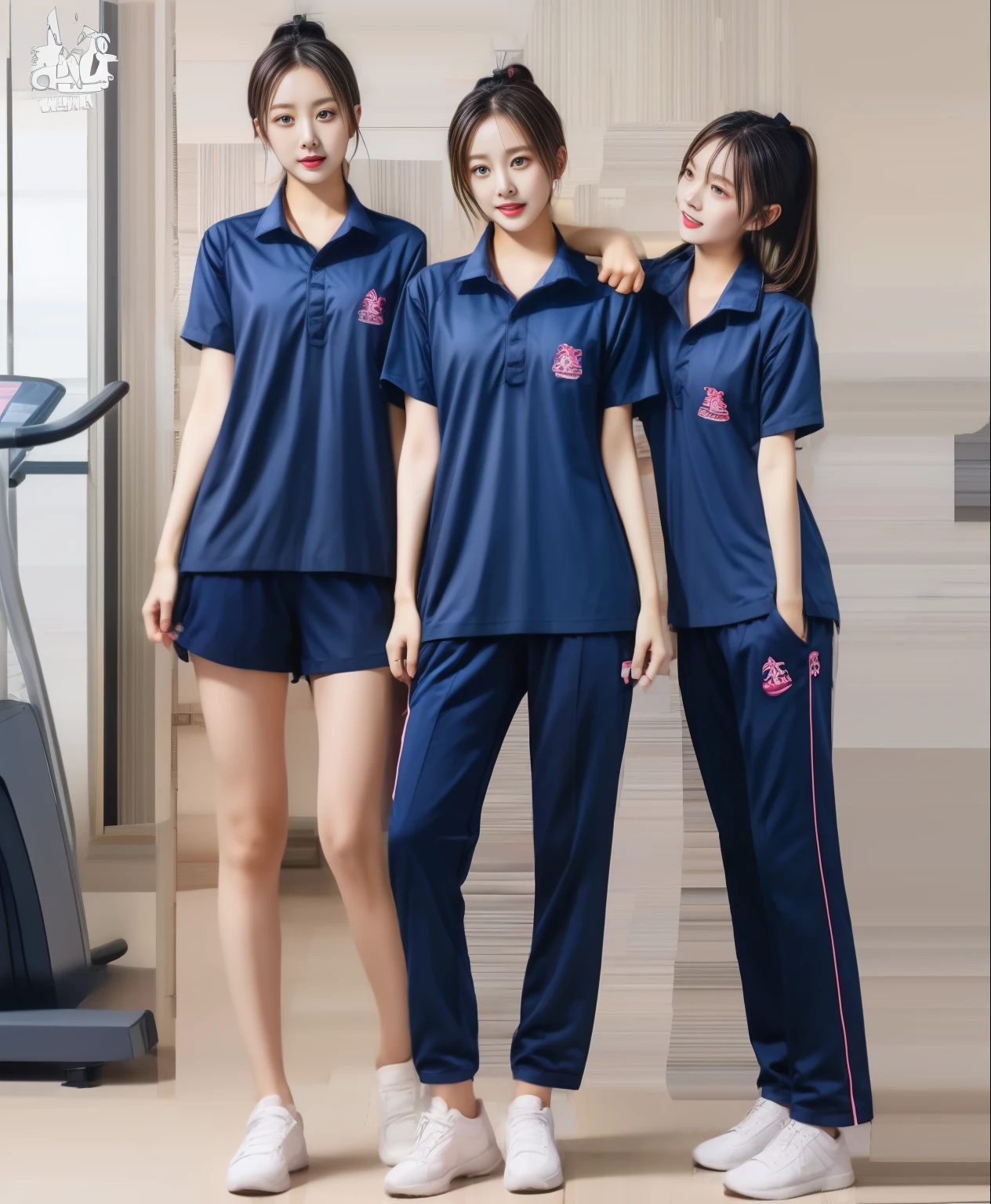 3 girls in fitness center, Navy blue short-sleeved shirt,Navy Long Trackpant,Sweatpants, Sweatpantsขายาว,25 year old girl, lesbian, sexy, exercise clothes, wet body, exercise clothes