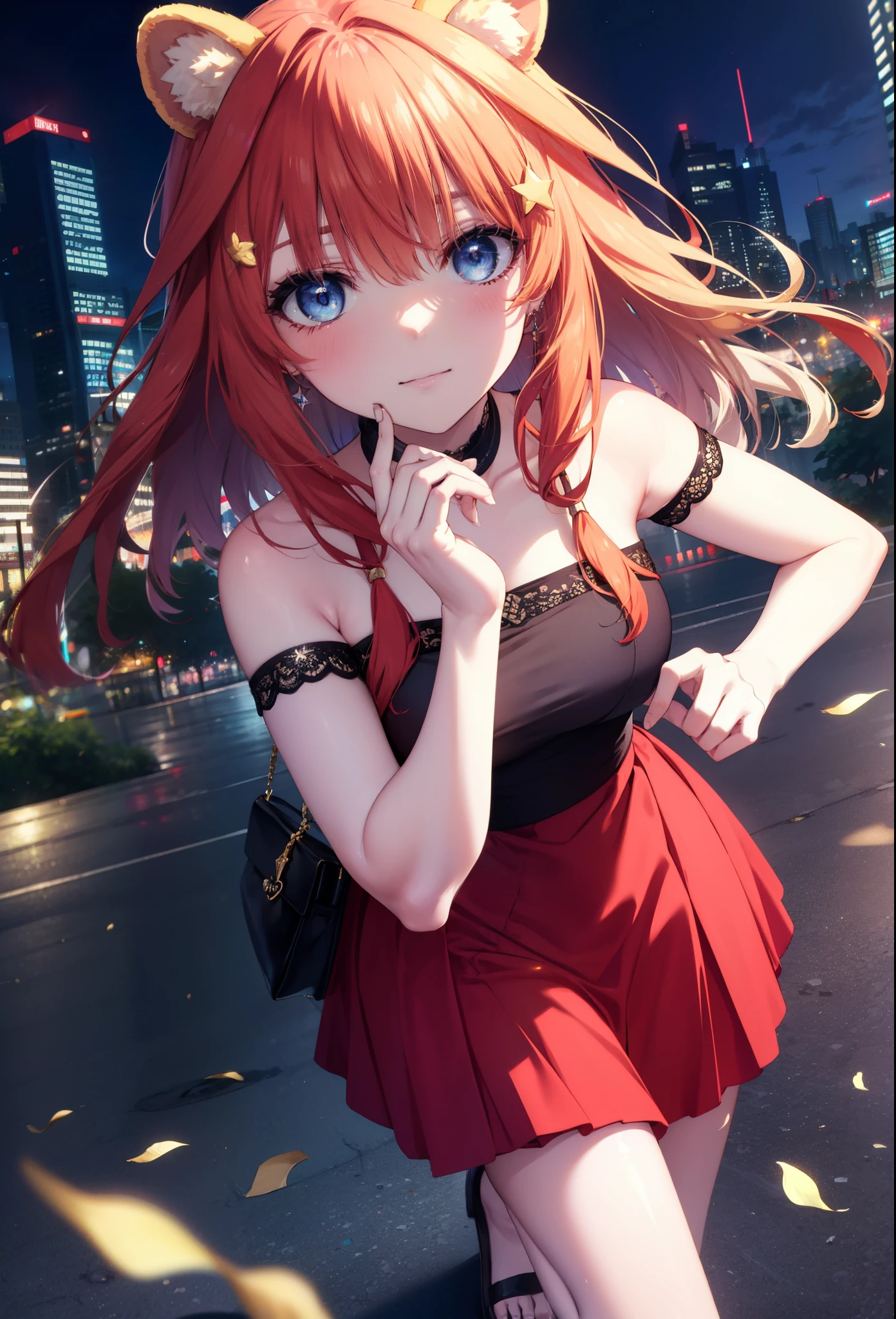 Satsuki Nakano, Itsuki Nakano, bangs, blue eyes, hair between eyes, Ahoge, redhead, star \(symbol\), hair ornaments, smile,blush,star hair ornaments,animal ears　 raccoon ears,animal tail 　Tanuki tail,bare shoulders,bare clavicle,red official shoulder dress,long skirt,heel sandals,turn around,city,Walking outdoors, city
壊す (masterpiece:1.2), highest quality, High resolution, unity 8k wallpaper, (shape:0.8), (beautiful and detailed eyes:1.6), highly detailed face, perfect lighting, Very detailed CG, (perfect hands, perfect anatomy),