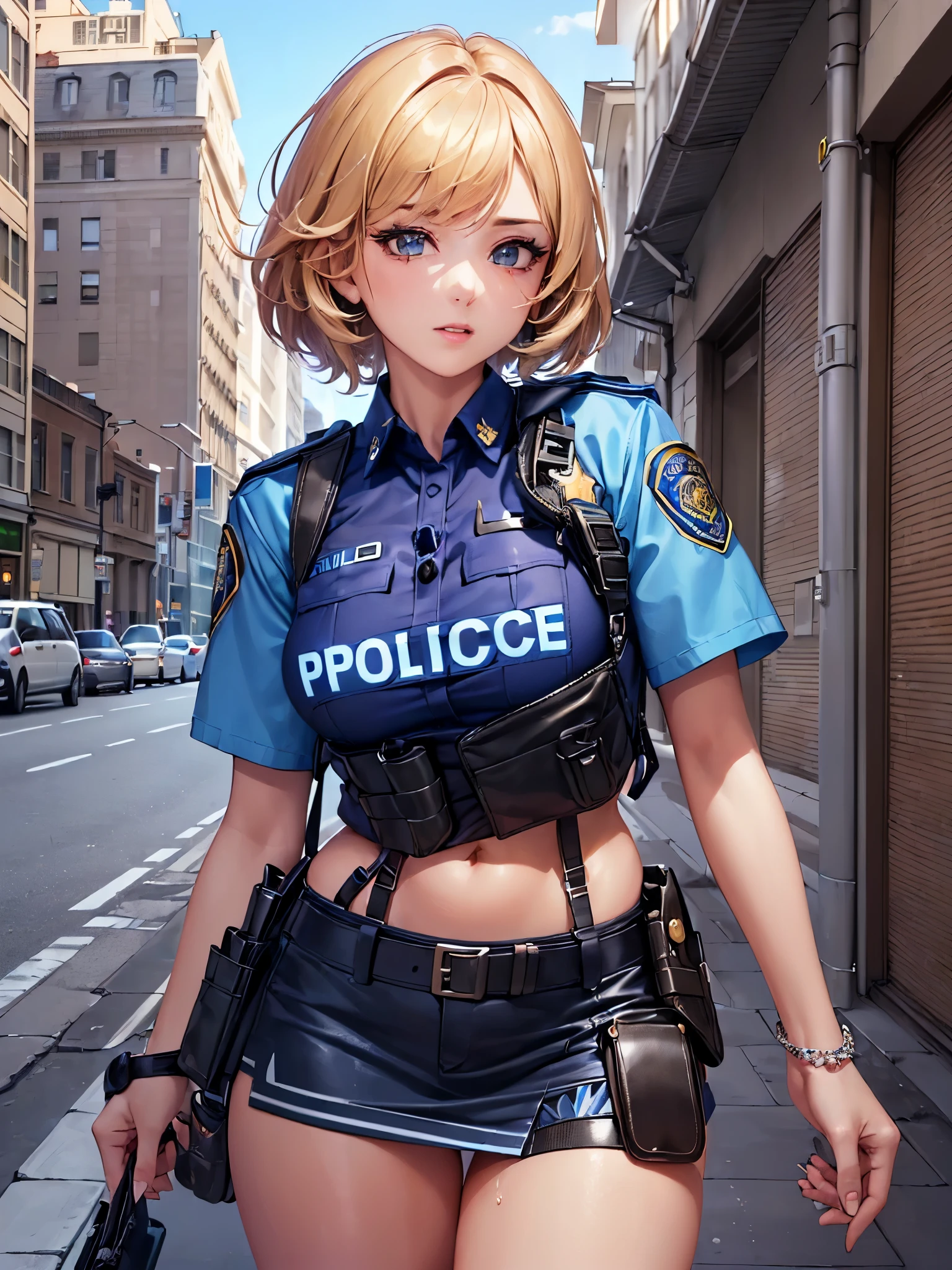 ((highest quality)),(ultra high resolution),(Super detailed),(detailed description),((best CG)),(best work of art),super precision art,great drawing art,(Art with precise details:1.5), (1 female police officer:1.8),(beautiful and well-shaped face:1.5),(Strong-willed eyes:1.5,(light makeup:1.6),(Moist body flaxen short hair:1.6),(Tight uniform:1.6),(tight mini skirt:1.4),(holster:1.5),(Beautiful leg lines:1.5), (Exquisite and detailed outdoor scenery:1.7),