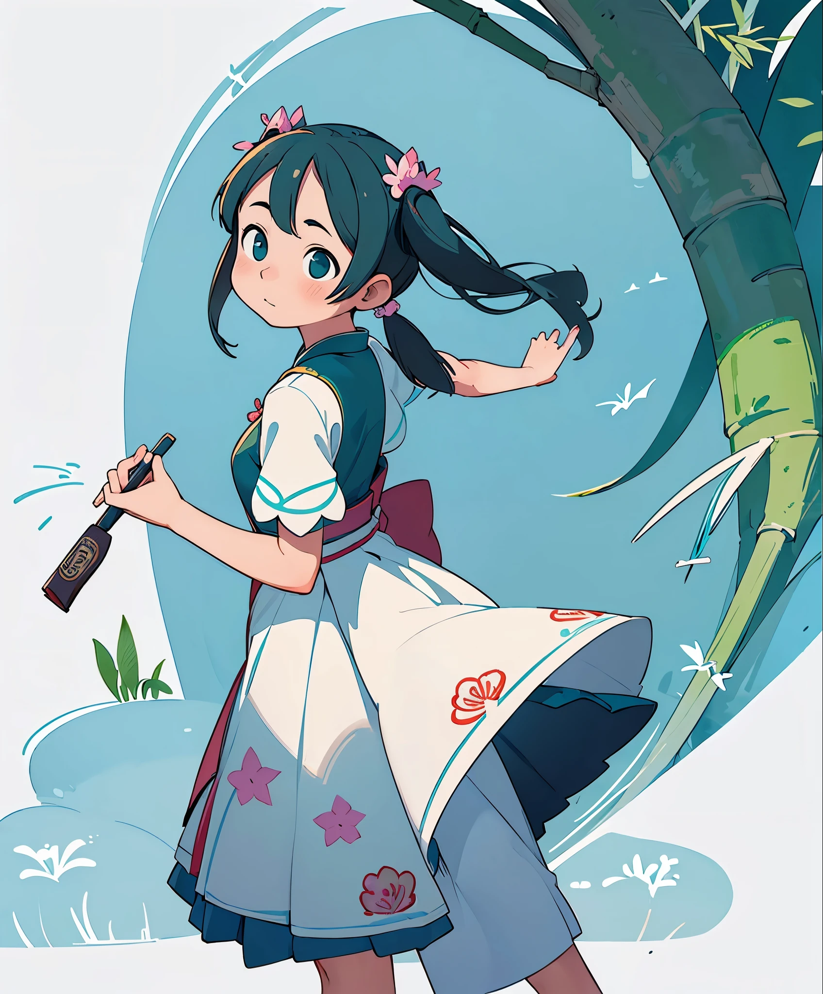 (masterpiece、highest quality、highest quality、official art、beautiful beautiful:1.2)、(1 girl:1.3)Hatsune Miku、big breasts、twin tails、adorable笑顔、very detailed、16 year old girl,Waving loudly with a remote island in the background,Summery white dress,1sticker,handbook,(sticker,1 girl,Ming Dynasty Chinese clothes,Gorgeous collared top,pleated long skirt,Hanfu,embroidery,hairpin,bamboo,moss,pavilion), watercolor,white background, simple back gown, cent, adorable, small, pastel colour, vector style, Not graded,background classical chinese style