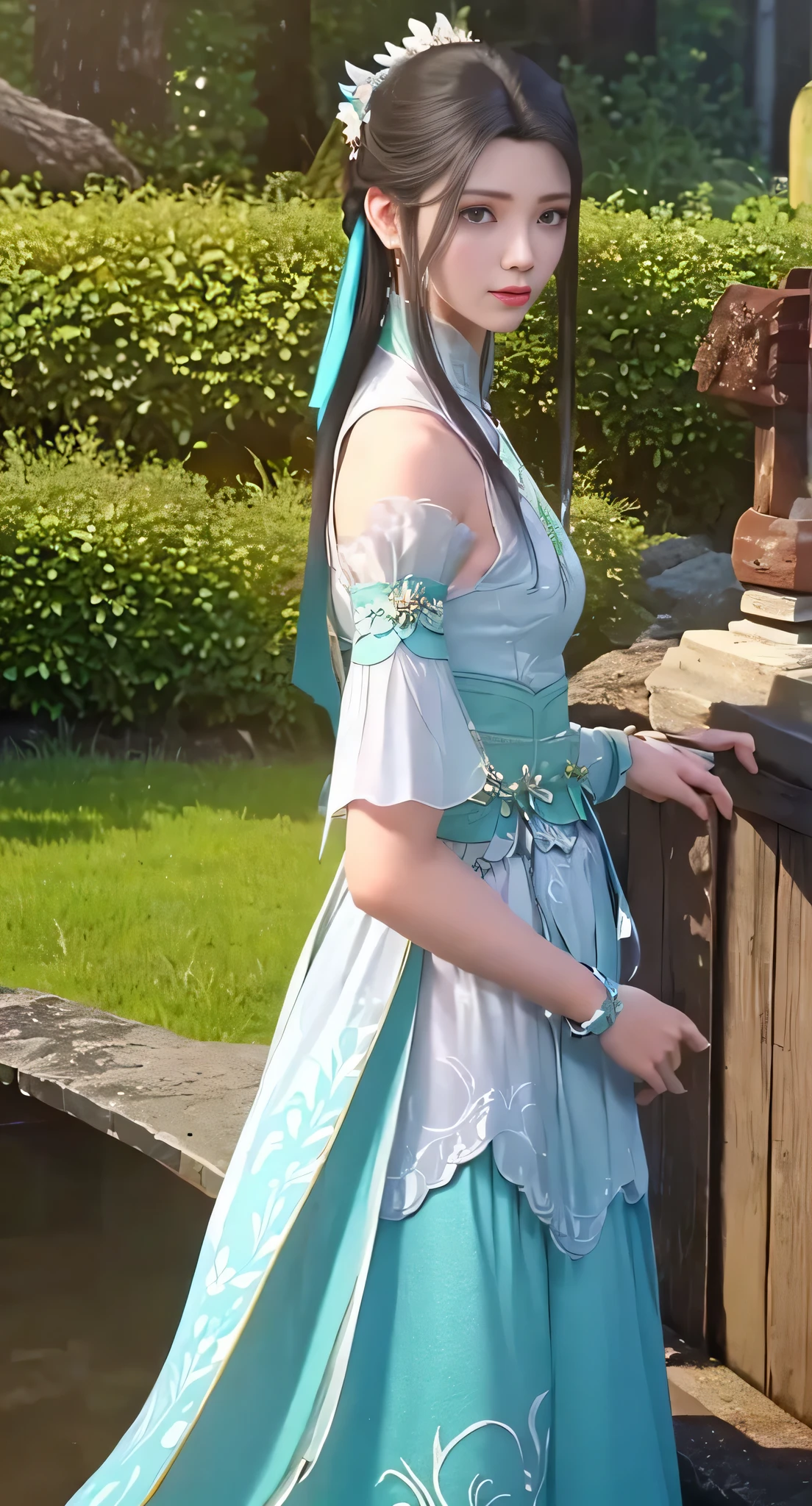 Under the bright spring sunshine，Ancient costume goddess wearing gorgeous Hanfu，Standing quietly among the mountains and sea, river and flowers。her face is beautiful，like orchids in the valley，fairy overflow。Wearing a lilac silk dress，With a gentle swing，Gives people a dreamlike feeling。

Her hair is tied into a circle，Decorated with gold hosta，Elegant and dignified。The tassel on the forehead sparkles in the sun，it further highlights her noble temperament。Her eyes are like clear lake water，it&#39;Another year。

The surrounding sea of flowers is like a huge picture scroll，Lush peonies、delicate lily、The fragrance of jasmine flowers intertwined，Colorful ocean formation。The scent of blossoms perfumes the air，intoxicating。The goddess stands quietly in the sea of flowers，it&#39;just like me&#39;I&#39;m with these flowers，Like a perfect landscape painting。

The sun shone on her face through the gaps in the leaves，it&#39;like giving her a soft glow。A fresh breeze blows，Her long skirt flutters in the wind，Just like a fairy beneath mortals。Butterflies dance among the flowers，it&#39;just like me&#39;I performed a beautiful dance for her。

The whole scene is breathtakingly beautiful，it&#39;Just like heaven on earth。The goddess in Hanfu stands in the sea of landscapes and flowers，Gives people a feeling of traveling through time and space，Let people immerse themselves in this beautiful picture。