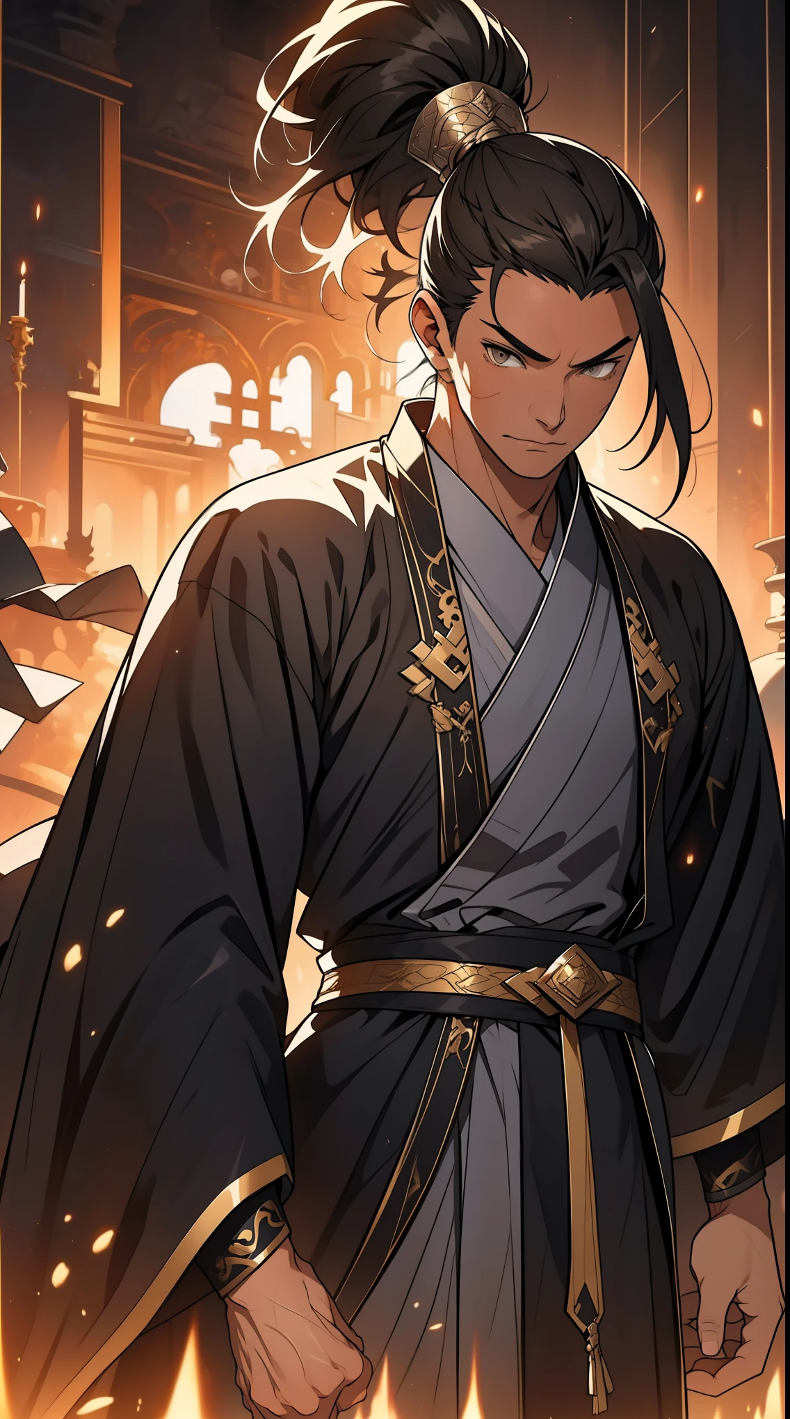 Two dimensions,anime style,one person(male warrior),proportions are correct,facial details,swordsman,high ponytail hairstyle,neck detail,Have an Adam's apple,Black and gold robe,joke,Black and gold robe,clothing details,Hand over,long sleeves,Game quality,fencing,Ray tracing,Ray tracing,Detailed glow,CG rendering,hair details,Long black and blond hair,Black-gold eyes,Handsome,Handsome,(Youthful feeling),Clothing is complicated,Perfect composition,refine,high quality,higher details,many details,Complex background,a sense of atmosphere,