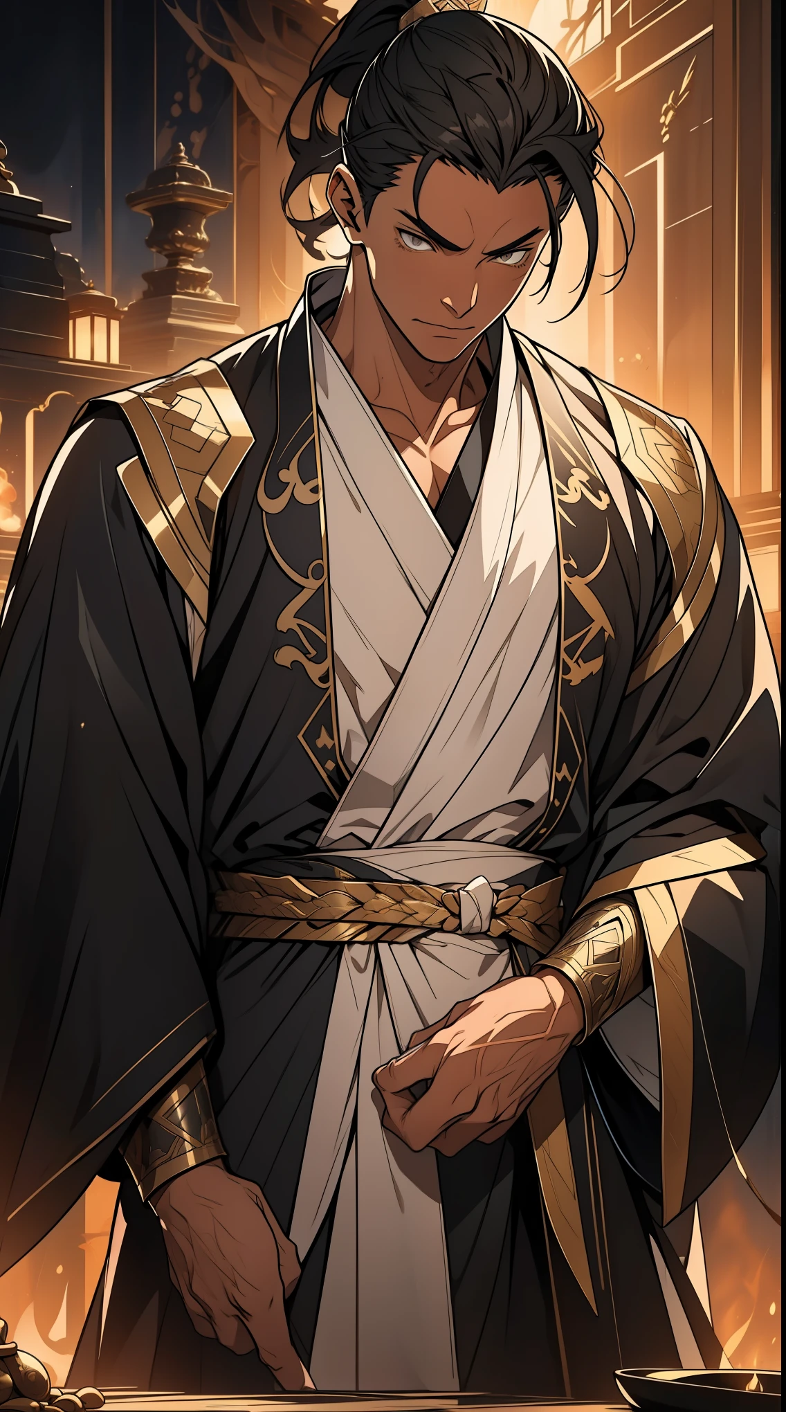 Two dimensions，anime style，one person（male warrior），proportions are correct，facial details，swordsman，high ponytail hairstyle，neck detail，Have an Adam&#39;s apple，Black and gold robe，joke，Black and gold robe，clothing details，Hand over，long sleeves，Game quality，fencing，Ray tracing，Ray tracing，Detailed glow，CG rendering，hair details，Long black and blond hair，Black-gold eyes，Handsome，Handsome，（Youthful feeling），Clothing is complicated，Perfect composition，refine，high quality，higher details，many details，Complex background，a sense of atmosphere，