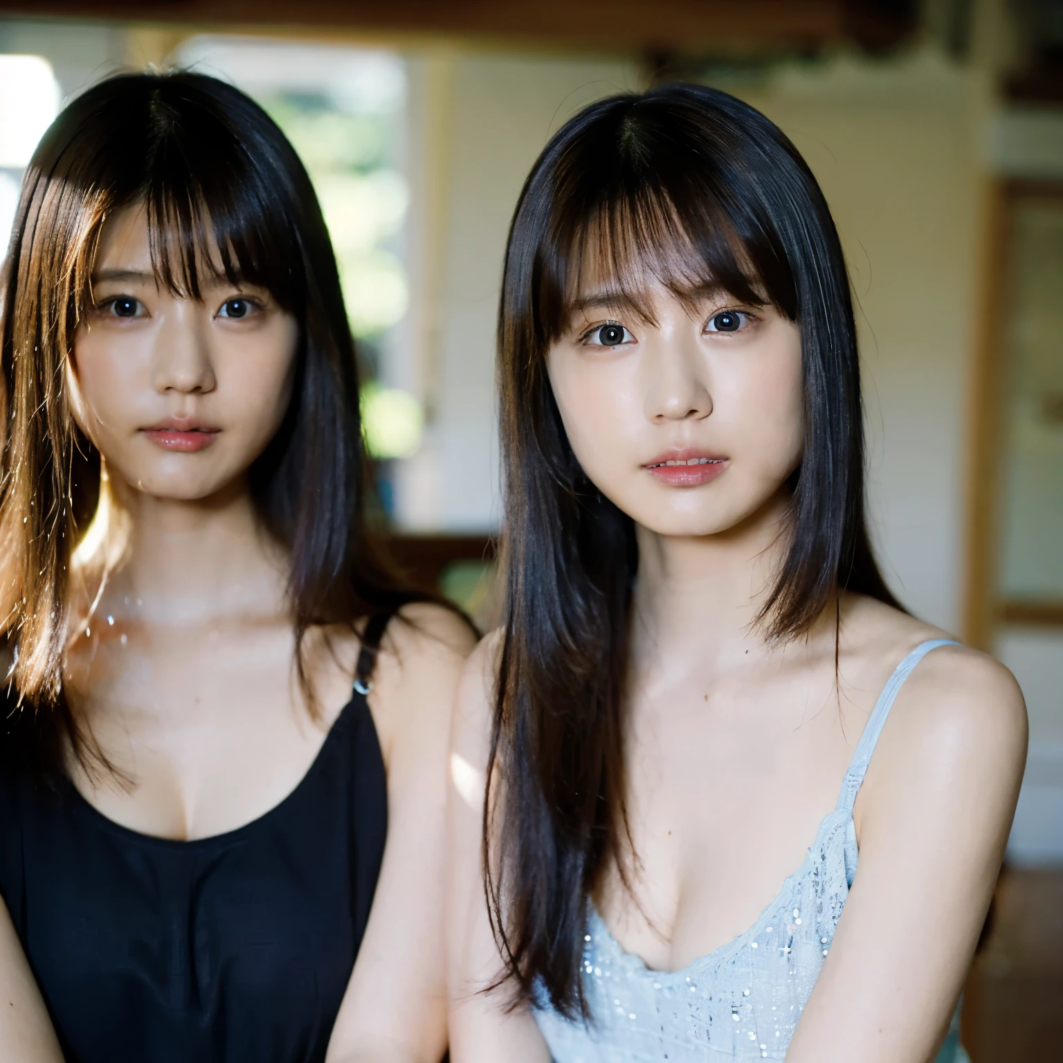 (8K、Raw photo、highest quality、masterpiece:1.2)、(realistic、Photoreal:1.37)、super detailed、Super high resolution、beautiful japanese girl、16 years old、Identical twin sisters passionately French kissing、see the beholder、beautiful and detailed face、laughter、narrow、(slim waist) :1.3)、Tank top、Beautiful and smooth skin、skin texture、detailed dark brown eyes、floating hair、professional lighting