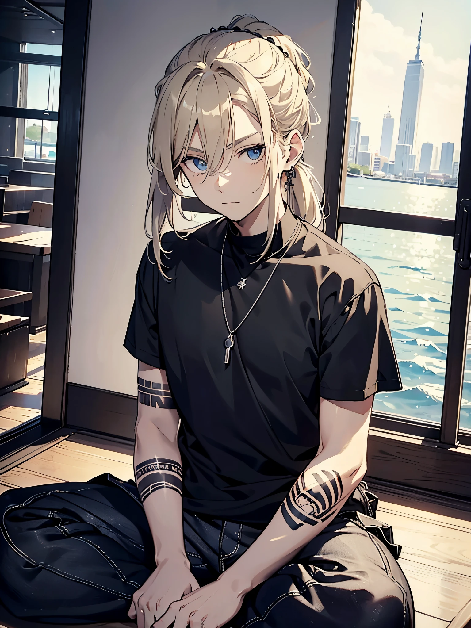 Pretty blonde boy,Long hair tied into a low ponytail,Neutral in appearance,Wear a black shirt,There are a lot of tattoos on the arms,Gentle expression,masterpiece,best quality,A soft-looking man,Wear baggy black jeans,Silver necklace hanging around the neck,sitting in yacht,Outside the window is the sea