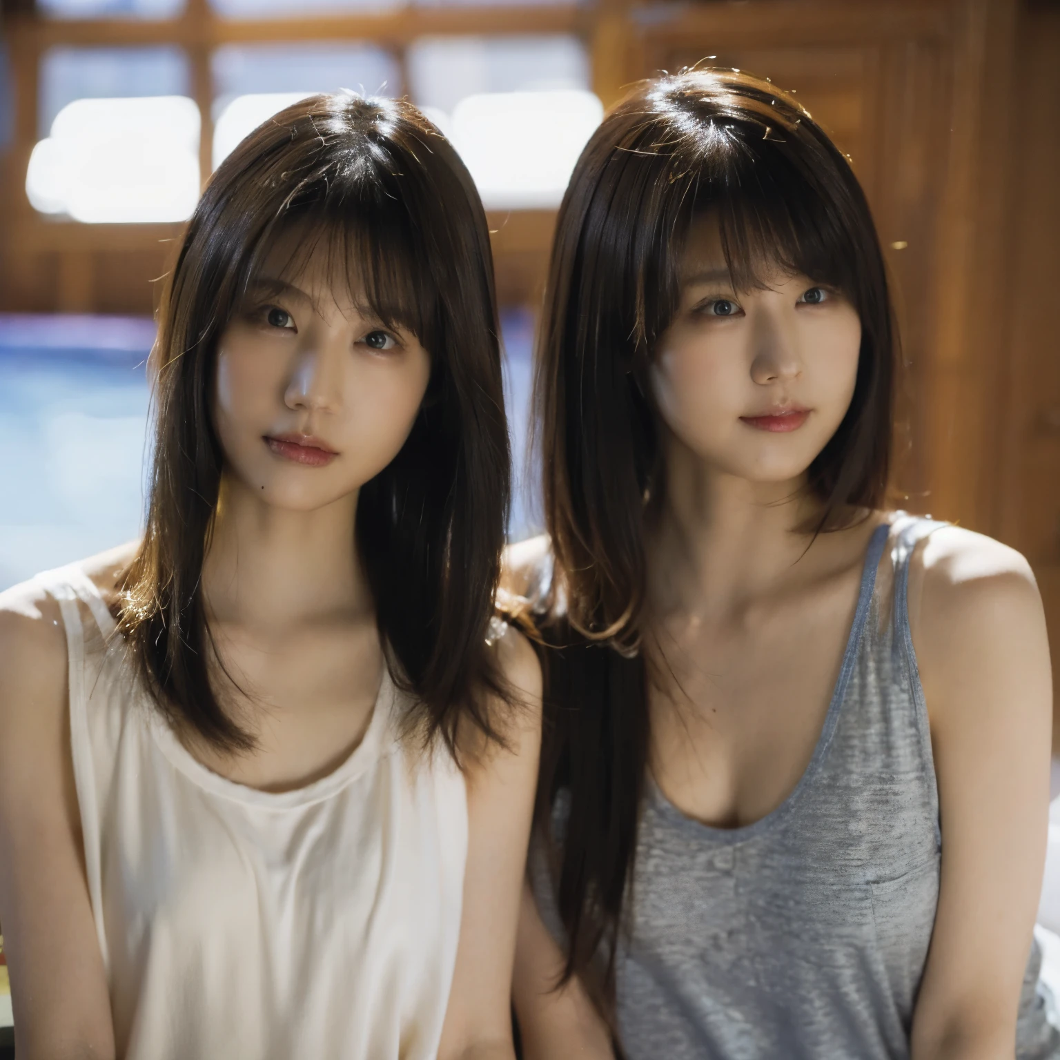 (8K、Raw photo、highest quality、masterpiece:1.2)、(realistic、Photoreal:1.37)、super detailed、Super high resolution、beautiful japanese girl、16 years old、Identical twin sisters passionately French kissing、see the beholder、beautiful and detailed face、laughter、narrow、(slim waist) :1.3)、Tank top、Beautiful and smooth skin、skin texture、detailed dark brown eyes、floating hair、professional lighting