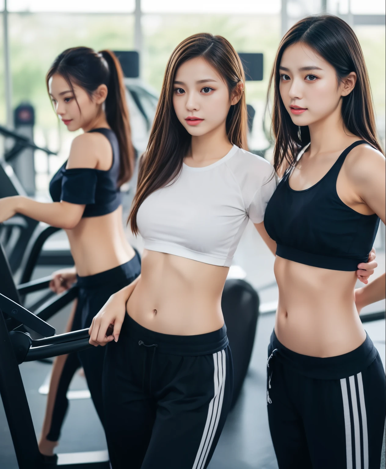 3 girls in fitness center, Navy blue short-sleeved shirt,Navy Long Trackpant,Sweatpants, Sweatpantsขายาว,25 year old girl, lesbian, sexy, exercise clothes, wet body, exercise clothes