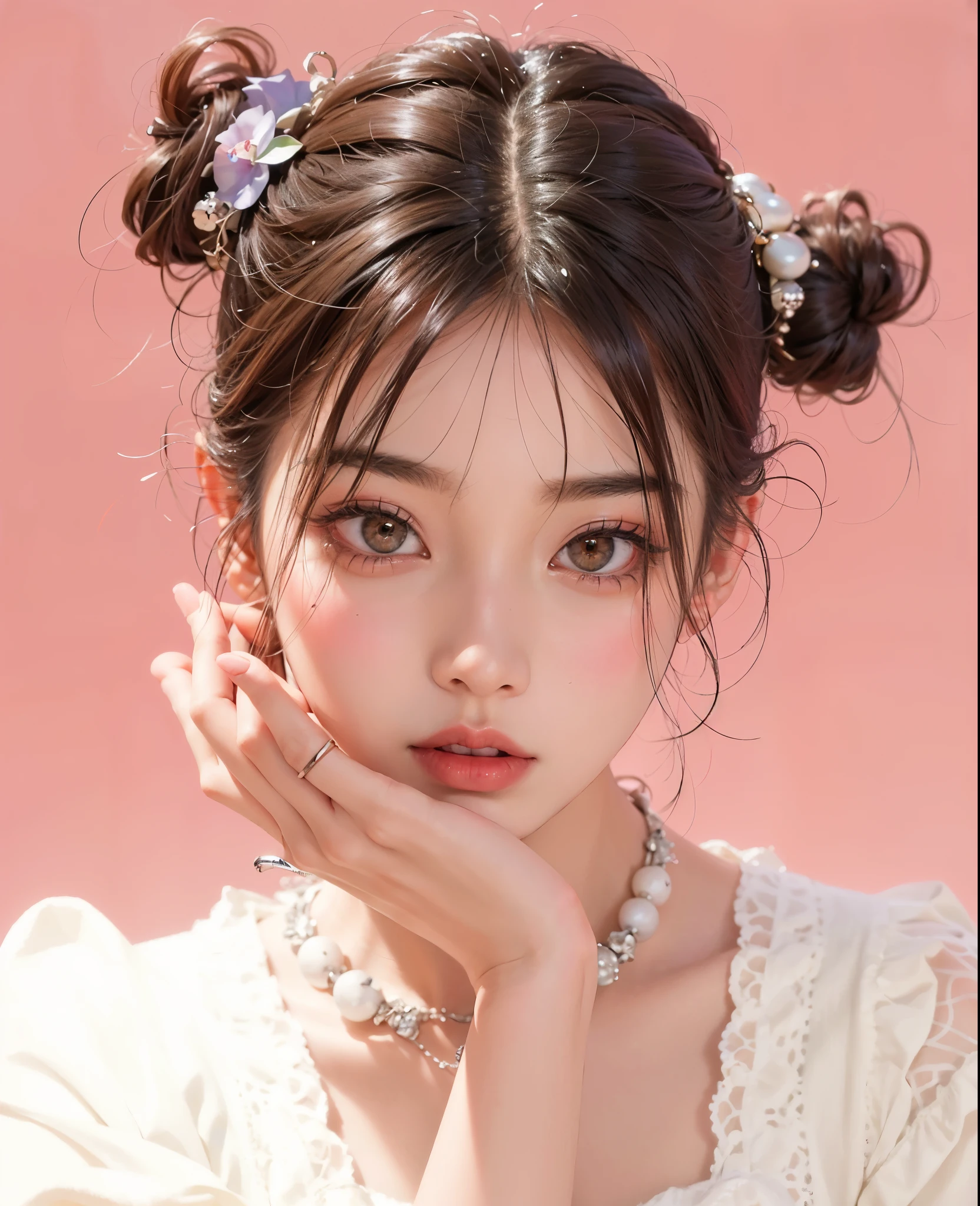 A portrait of a beautiful confident korean young woman with a suttle smile wearing a pink crop top with her hair in two messy space buns with a brown bandana.she is wearing suttle makeup ,dainty gold jewelry ,acrylic painting style. The painting should be vibrant colors,The background is a mottled gradient with grey poppies outlined in gold