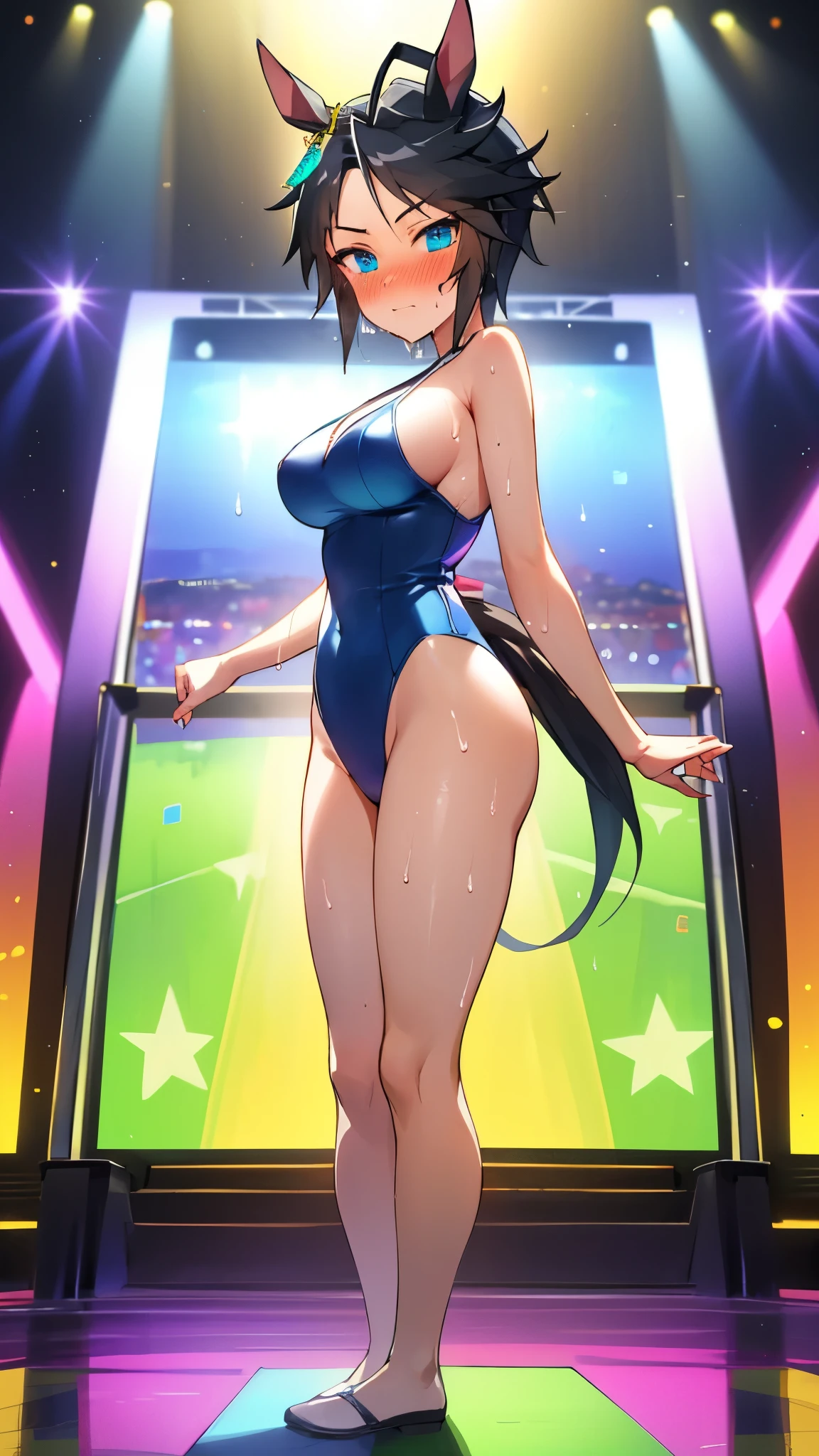 ((Highest quality)), (masterpiece), fuji kiseki \(umamusume\), 1girl, (from the front), looking at viewer, full body, large breasts, horse's tail, nose blush, embarrassed, (sweat), leotard, standing, reaching out, stage